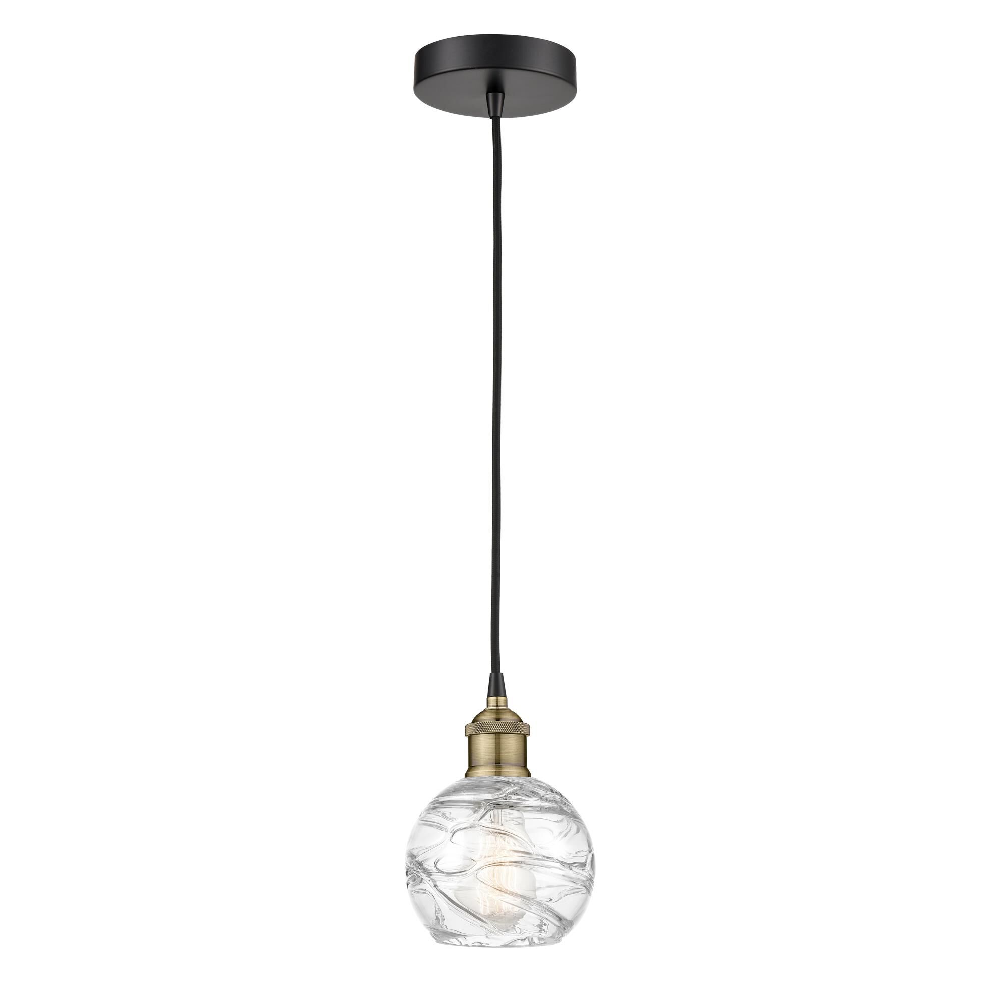 Shown in Black Antique Brass finish and Clear Deco Swirl glass
