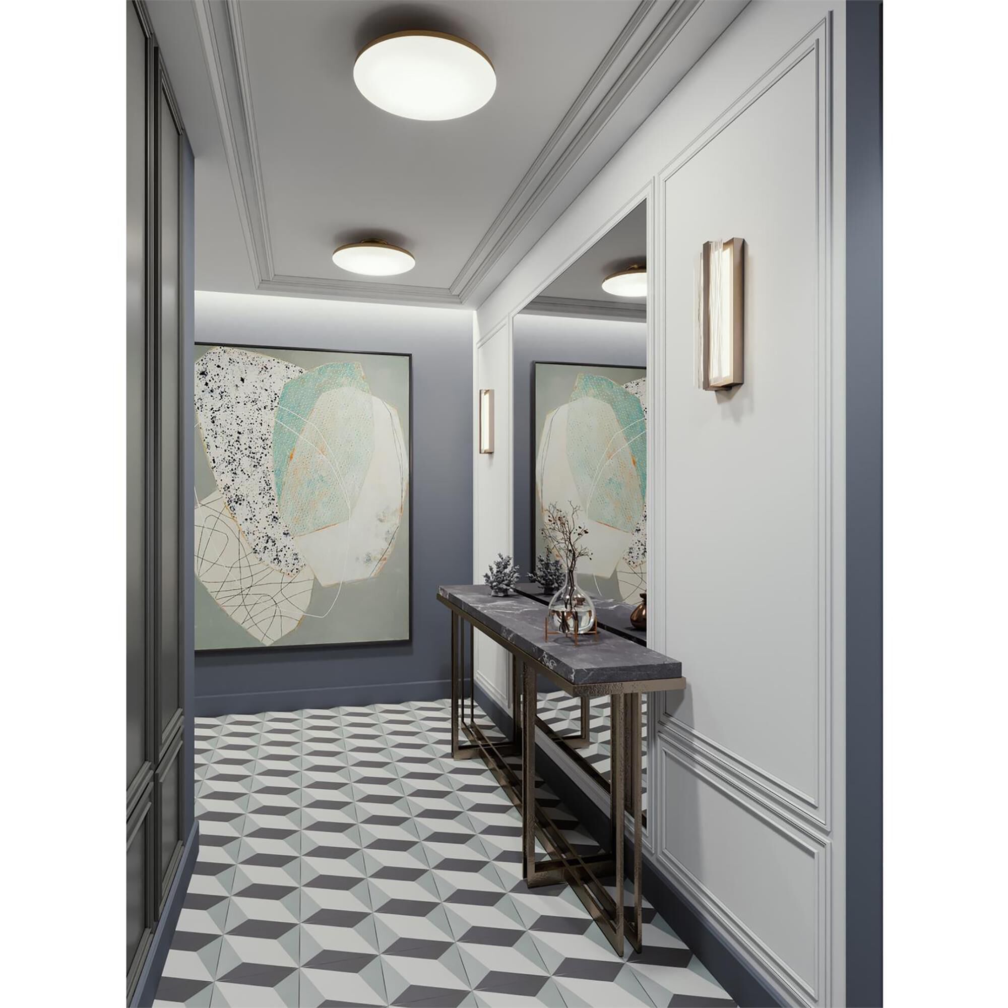 Shown in Satin Brass finish and White Acrylic shade