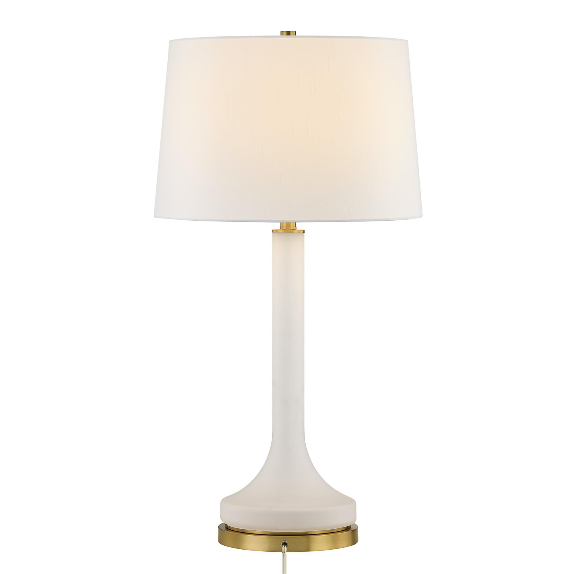 Shown in Warm Brass finish and White Fabric shade