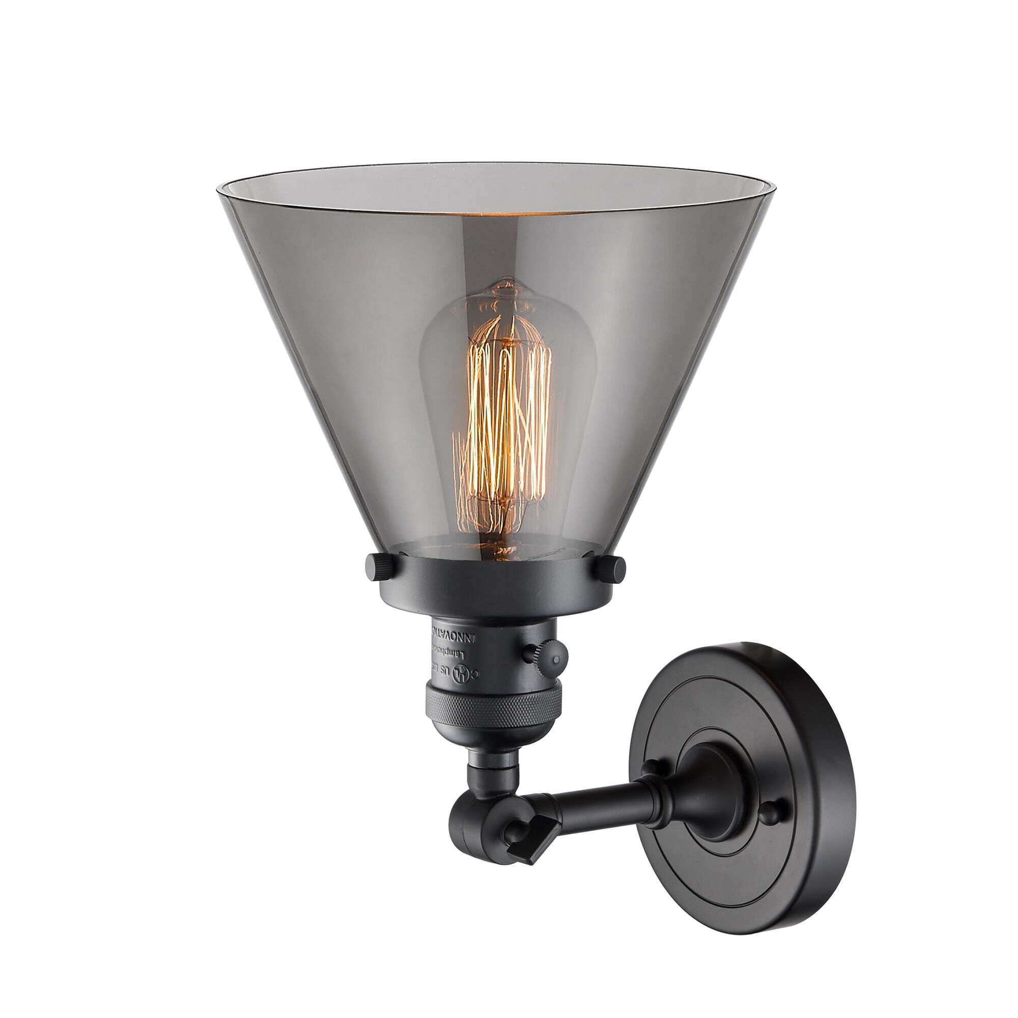 Shown in Matte Black finish and Smoked glass and Brushed Satin Nickel shade and Switch on Socket accent