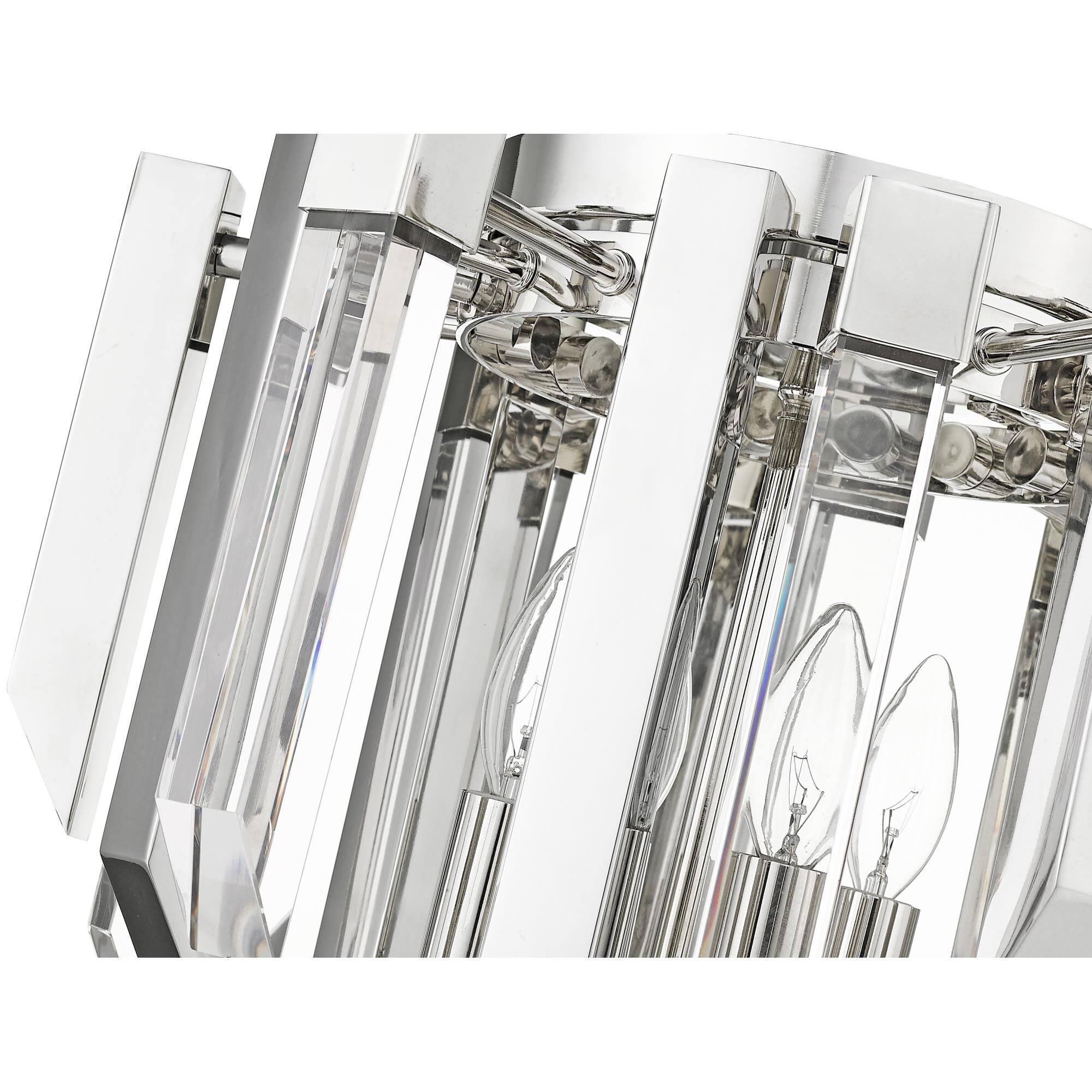 Shown in Polished Nickel finish and Crystal glass and Crystal shade