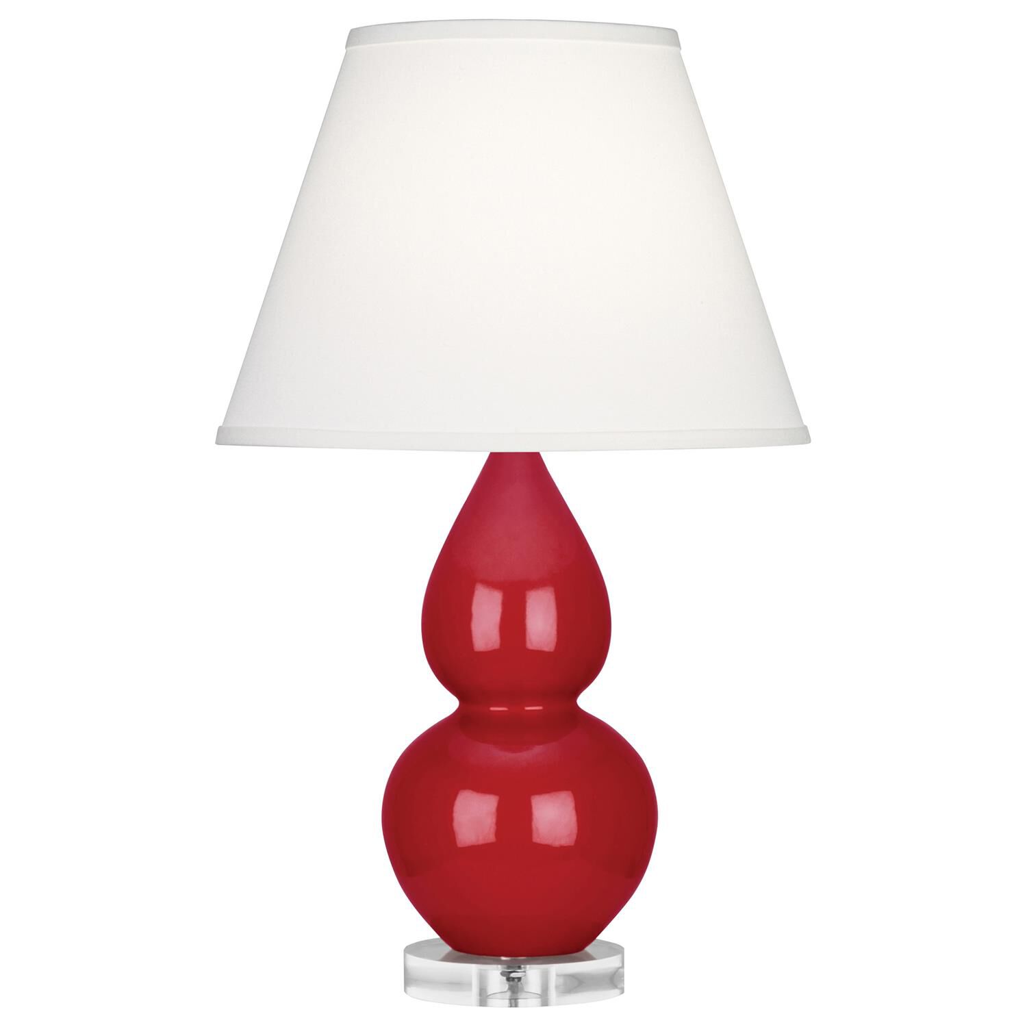 Shown in Ruby Red Glazed Ceramic With Lucite Base finish and Pearl Dupioni Fabric shade