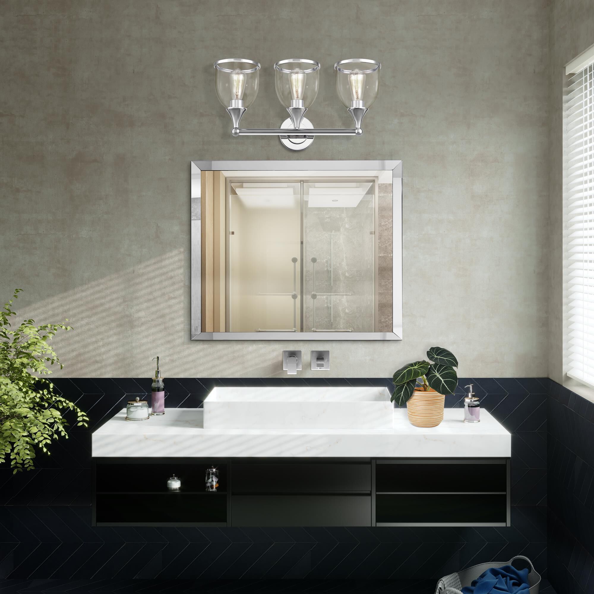 Shown in Polished Chrome finish and Mouth Blown Clear glass