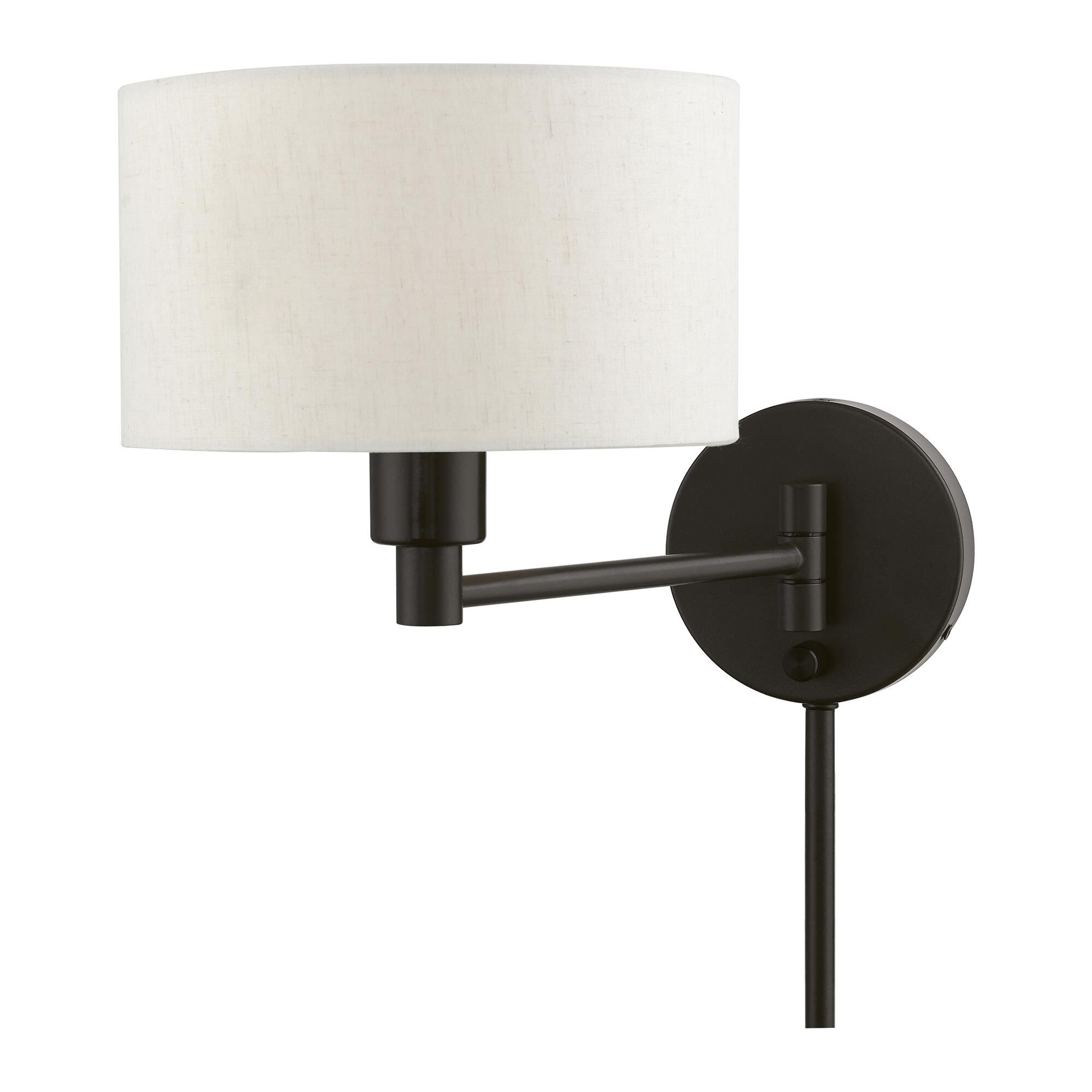 Shown in English Bronze finish and Hand Crafted Oatmeal Color Hardback Fabric shade