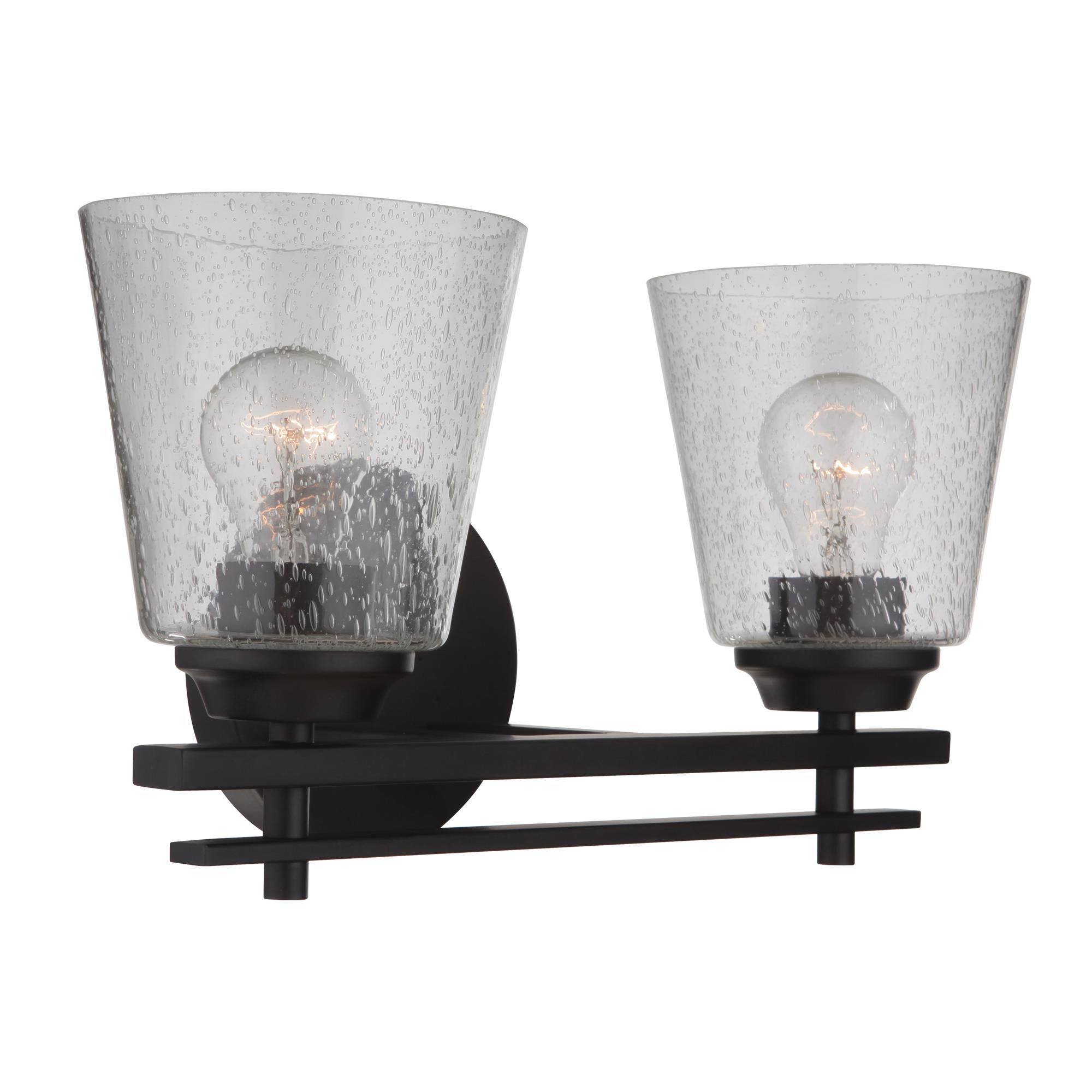 Shown in Flat Black finish and Clear Seeded glass and Glass shade