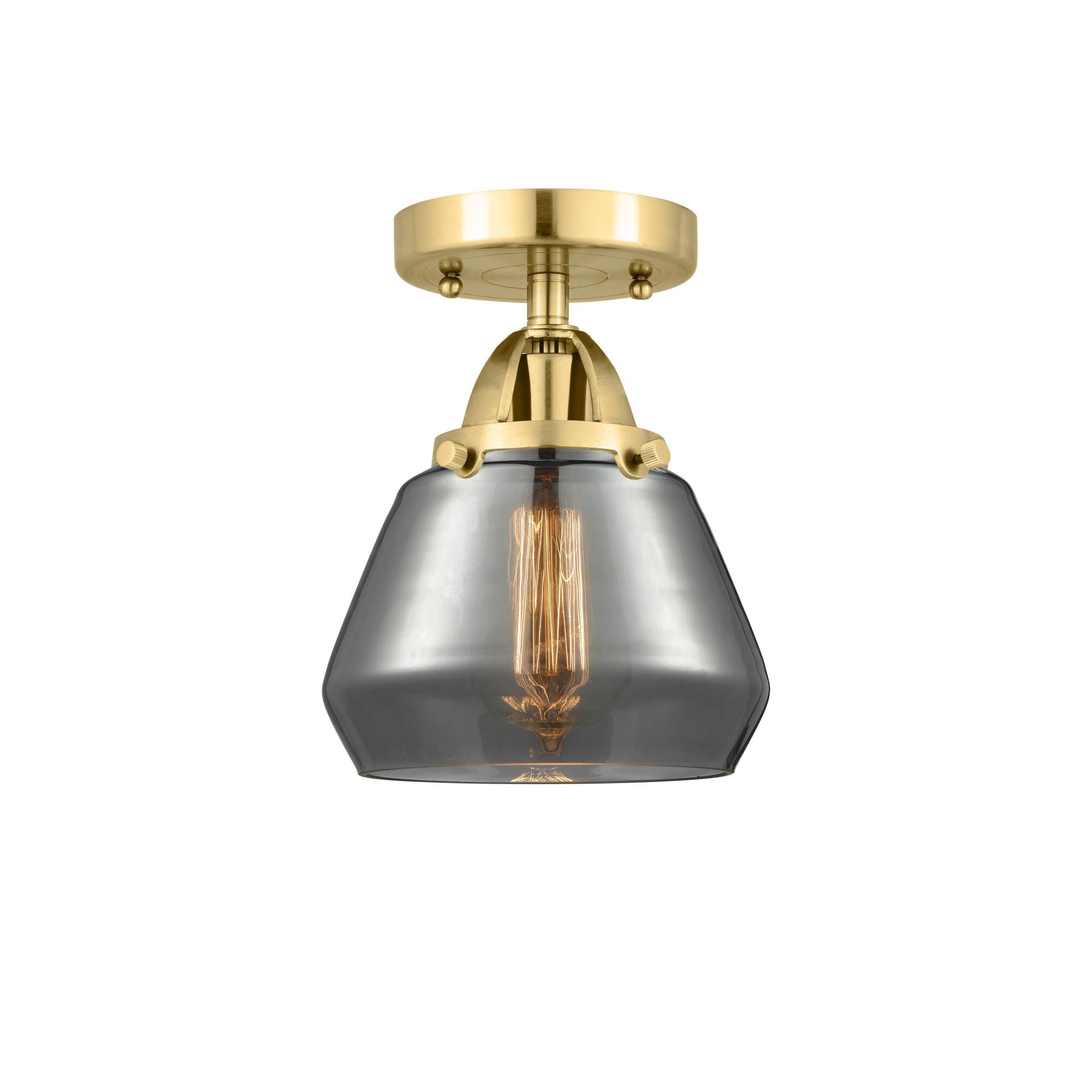 Shown in Satin Gold finish and Plated Smoke Fulton glass and No Shade shade