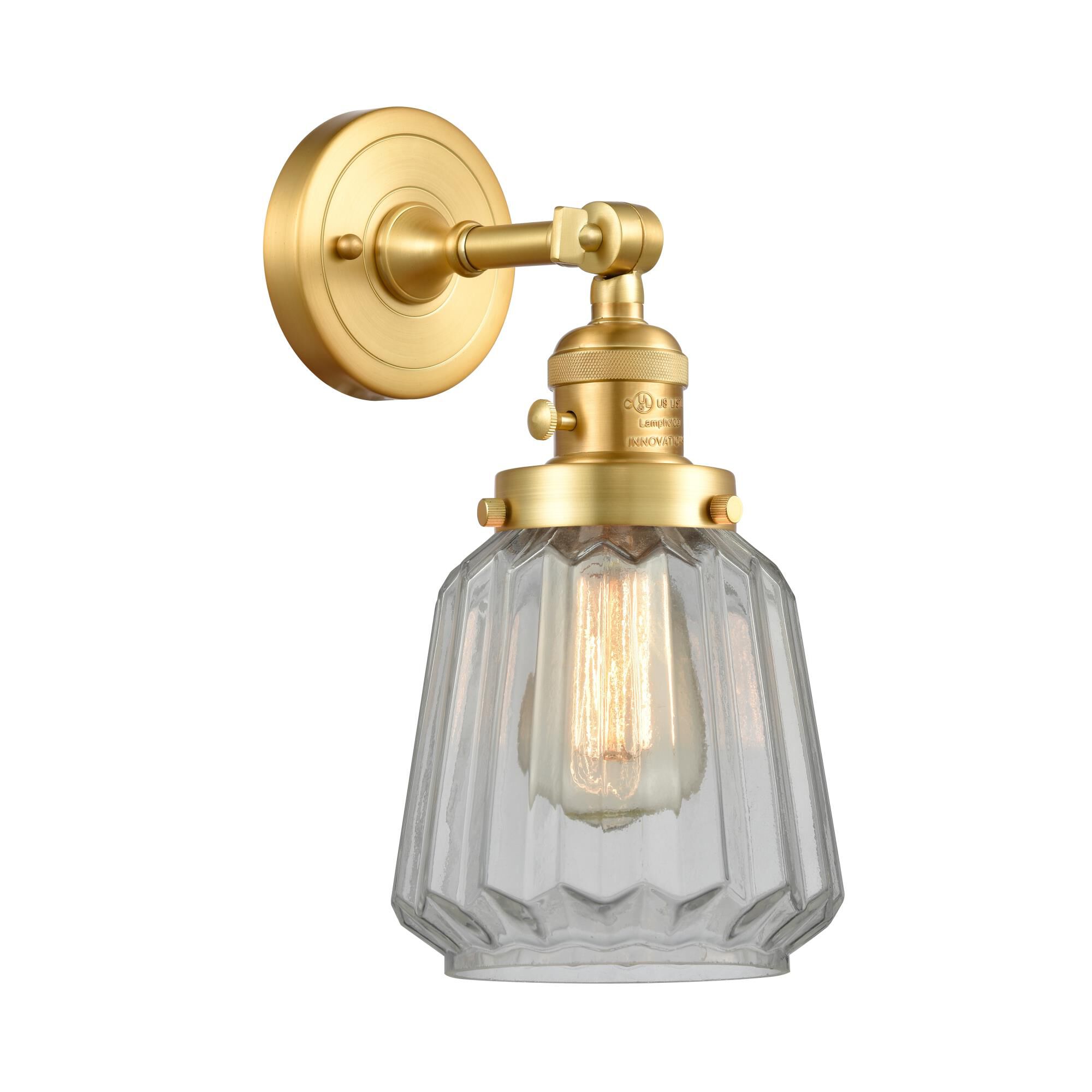 Shown in Satin Gold finish and Clear Chatham glass