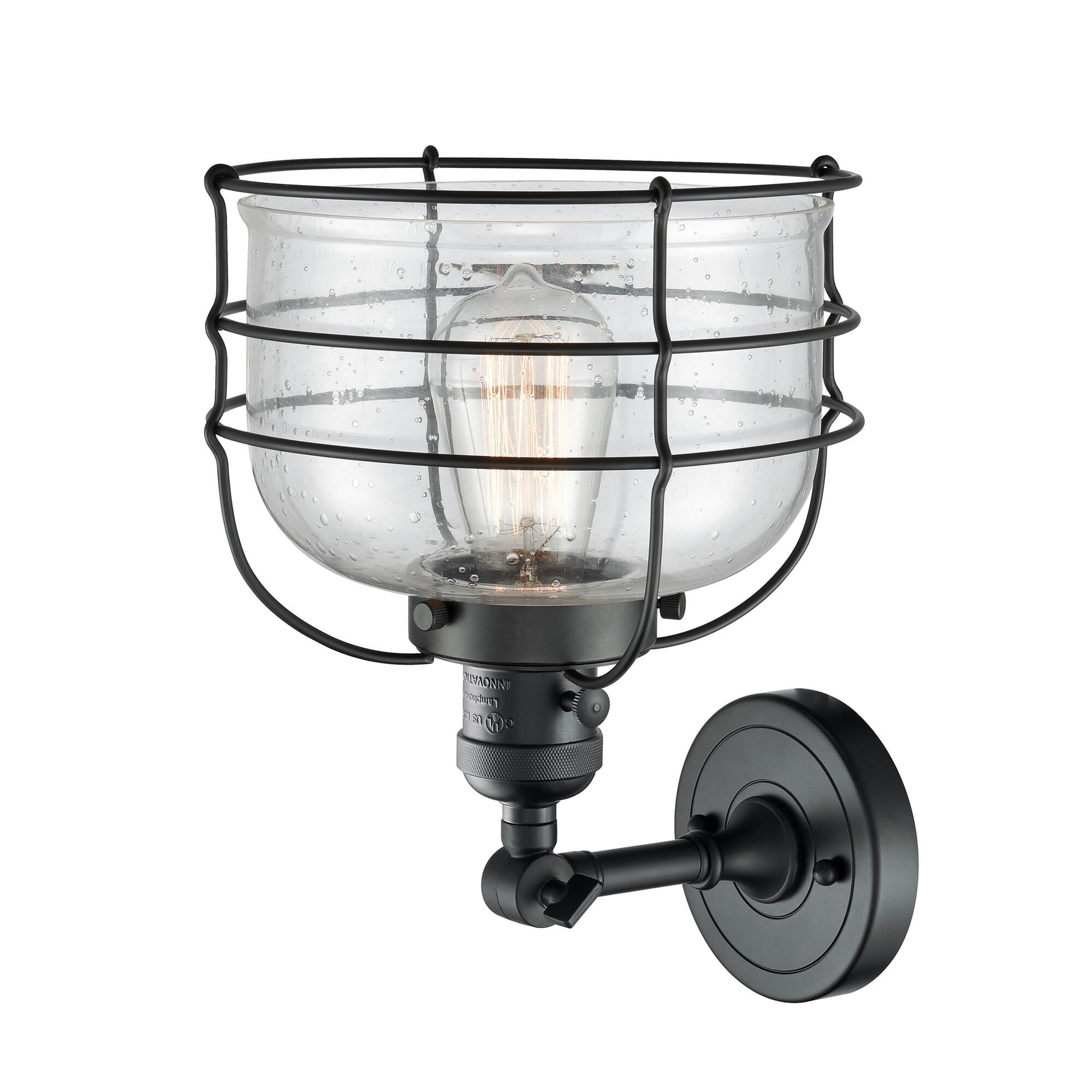 Shown in Matte Black finish and Seedy Large Bell Cage glass and Switch on Socket accent