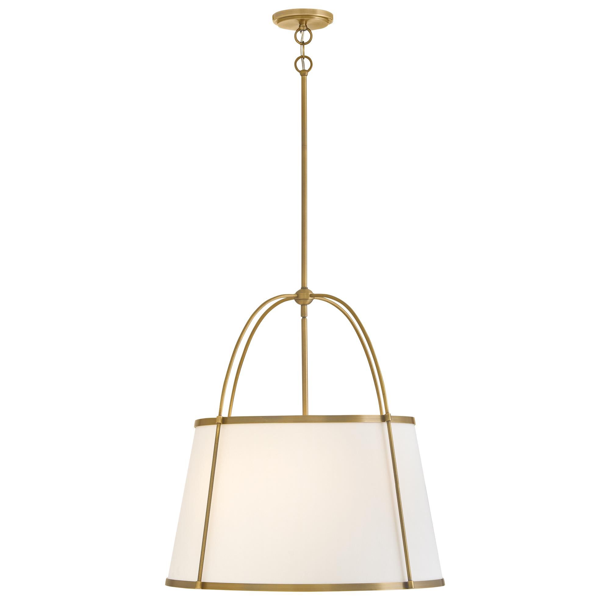 Shown in Lacquered Dark Brass finish and Off-White Linen shade