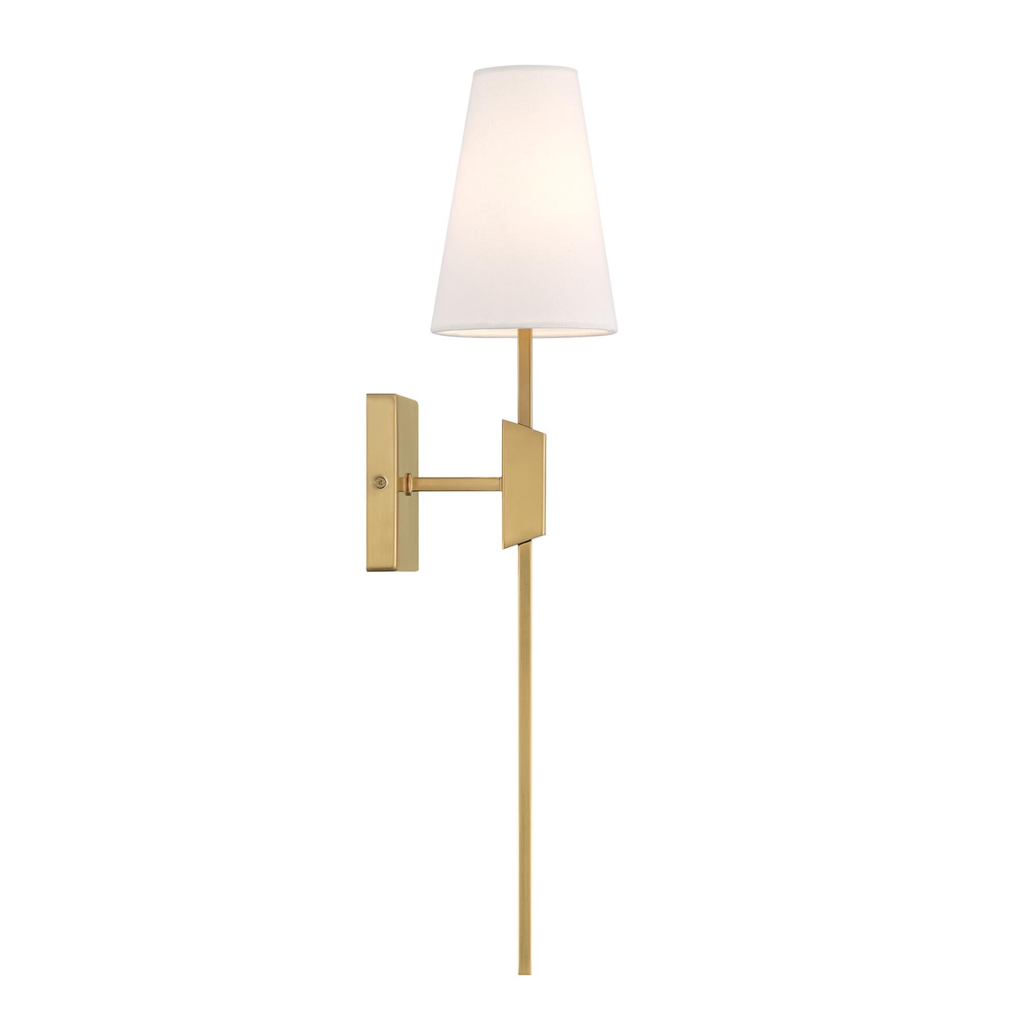 Shown in Natural Brass finish and White Linen Fabric shade