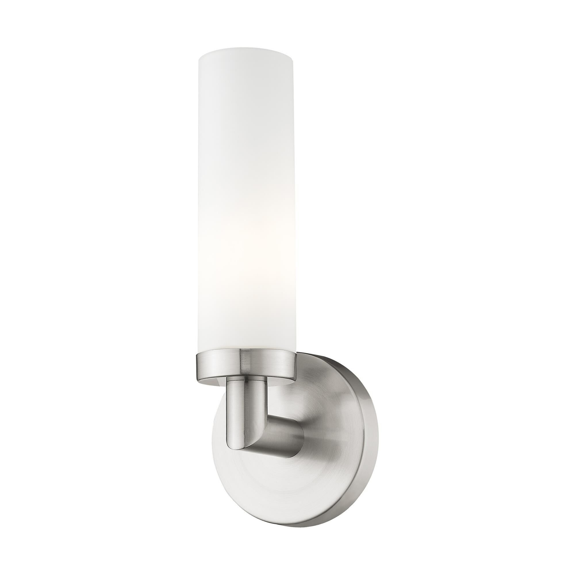 Shown in Brushed Nickel finish and Satin Opal White Hand Blown Twist Lock Cylinder glass
