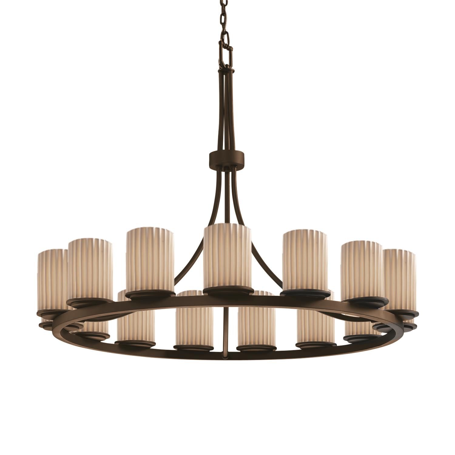Shown in Dark Bronze finish and Translucent Porcelain glass and Pleats shade and Cylinder with Flat Rim (POR) accent