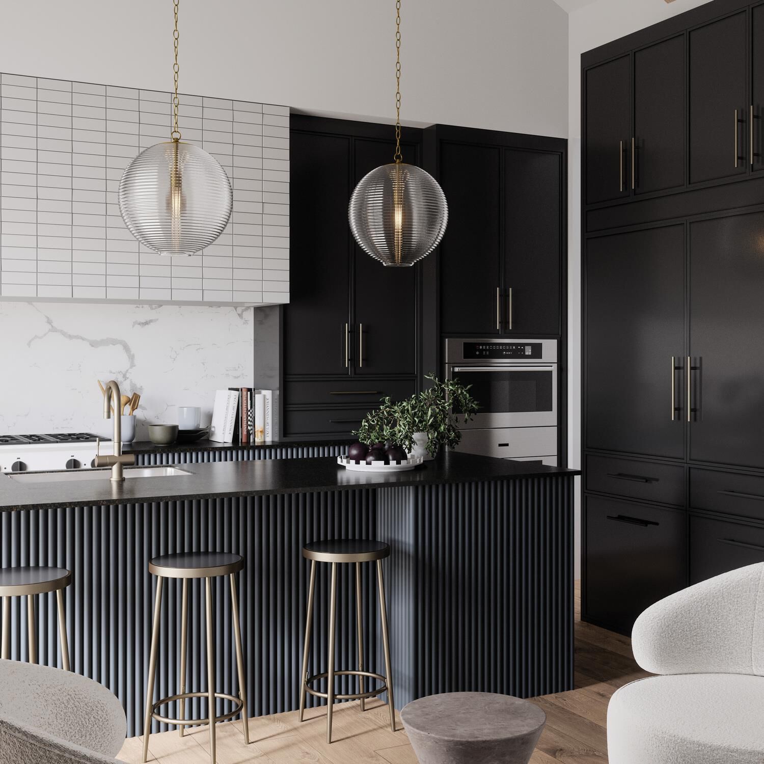 Shown in Matte Brass finish and Clear Ribbed glass