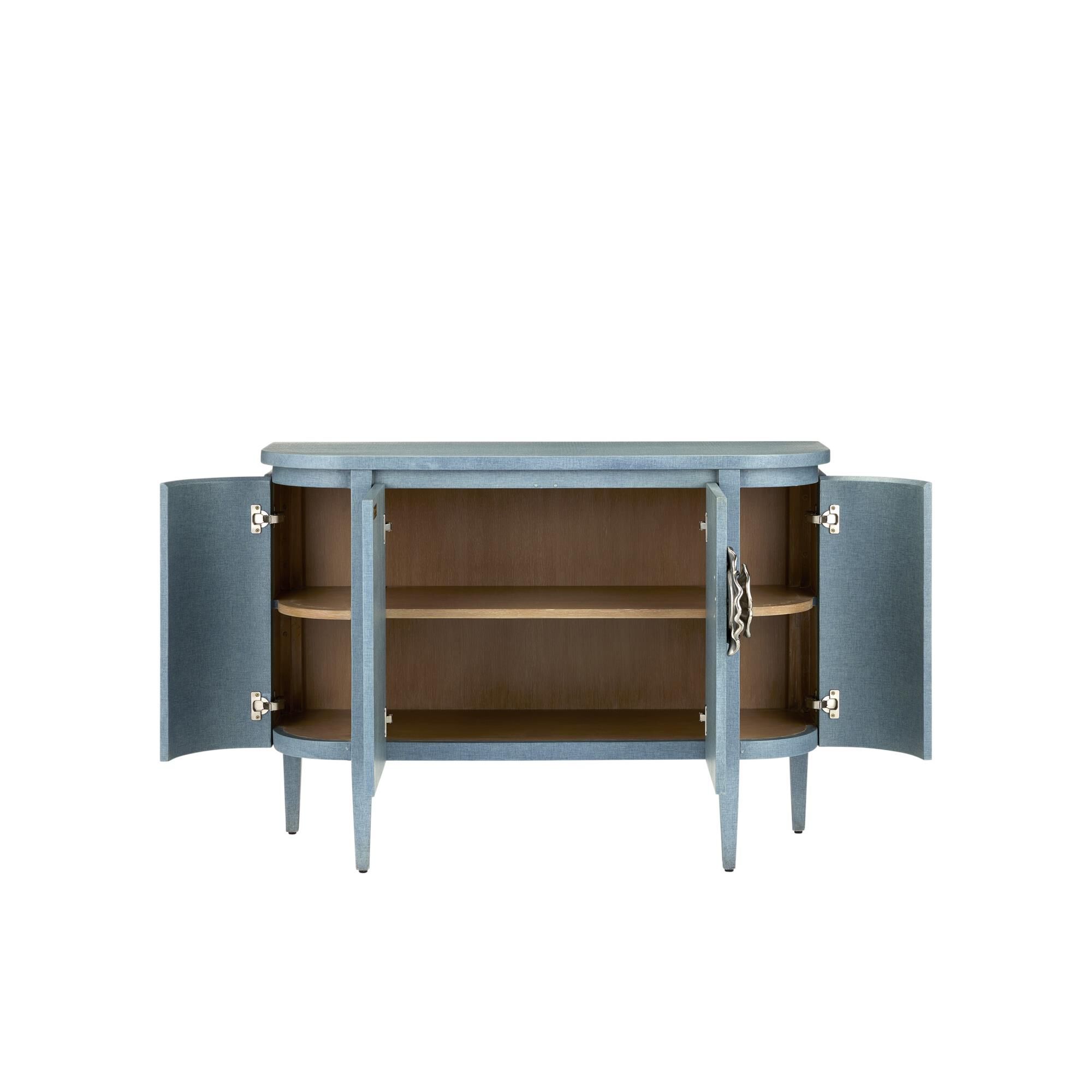 Shown in Lacquered Blue Linen, Natural Oak and Polished Nickel finish