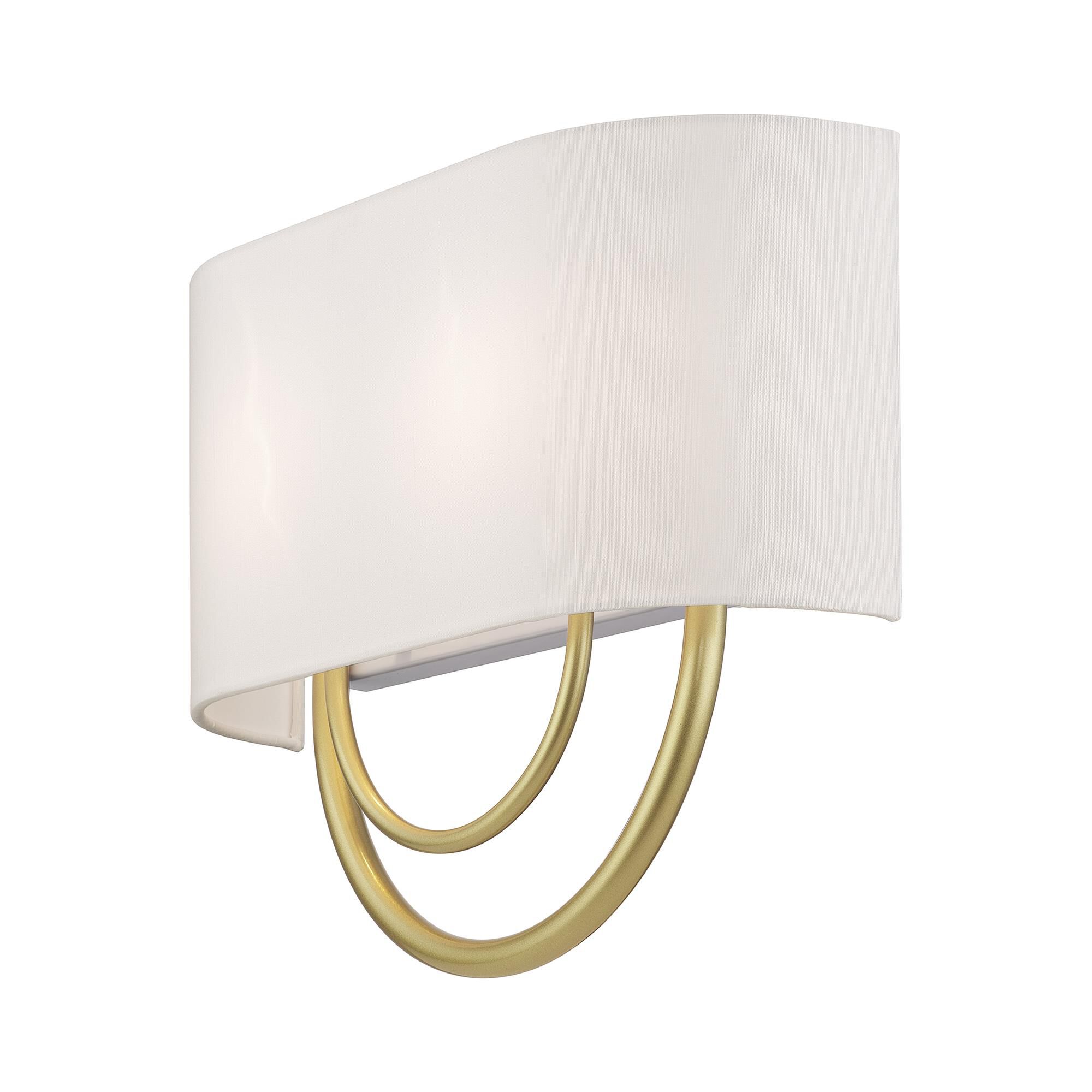Shown in Soft Gold finish and Hand Crafted Off-White Fabric Hardback with White Fabric Inside shade