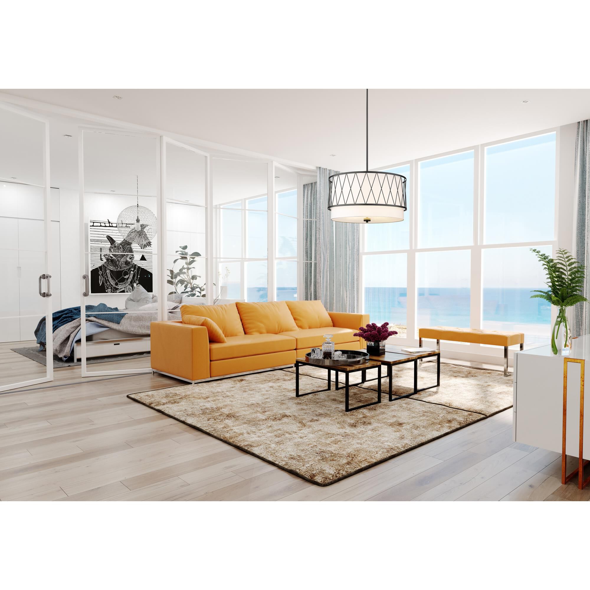 Shown in Matte Black finish and White glass and White shade