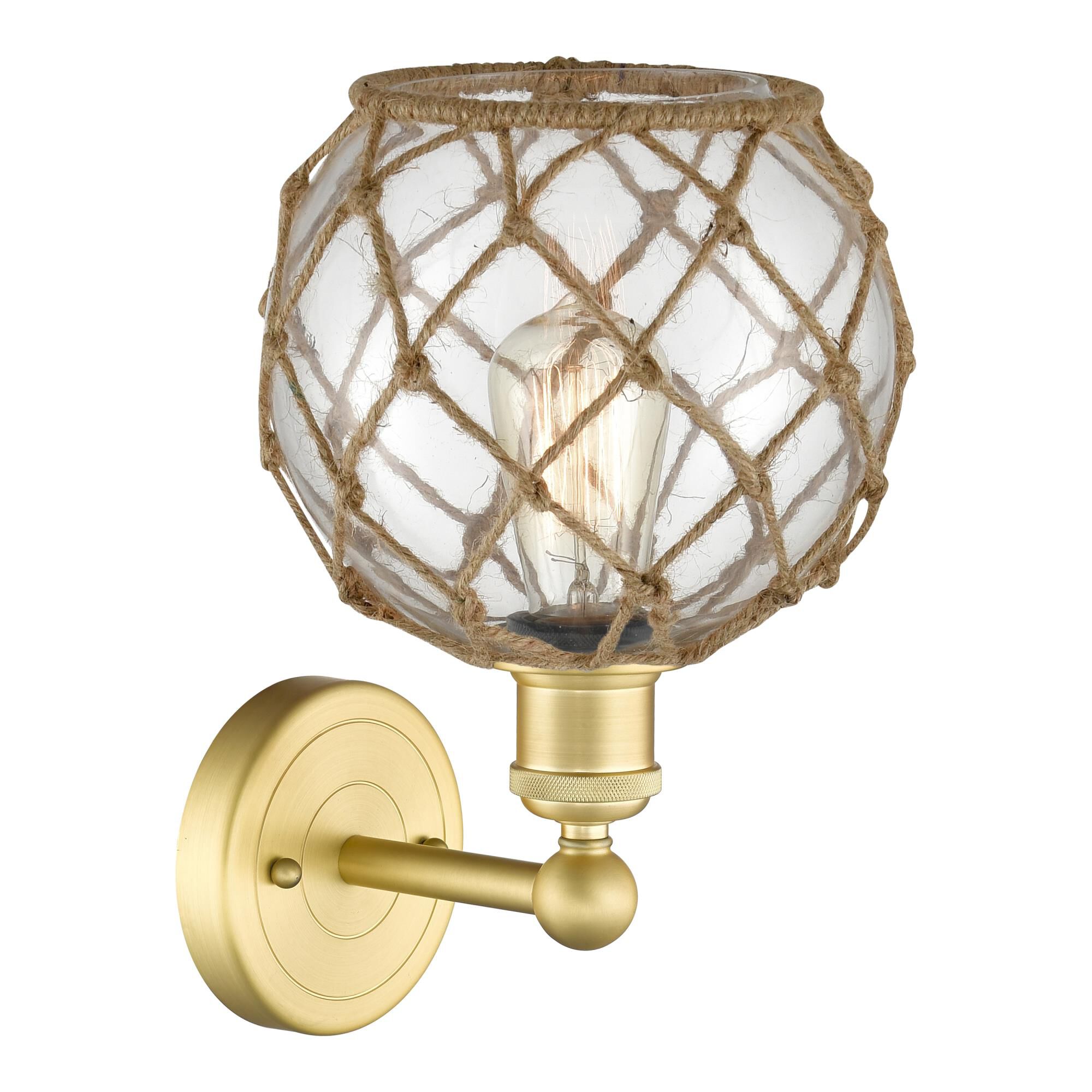 Shown in Satin Gold finish and Clear with Brown Rope glass