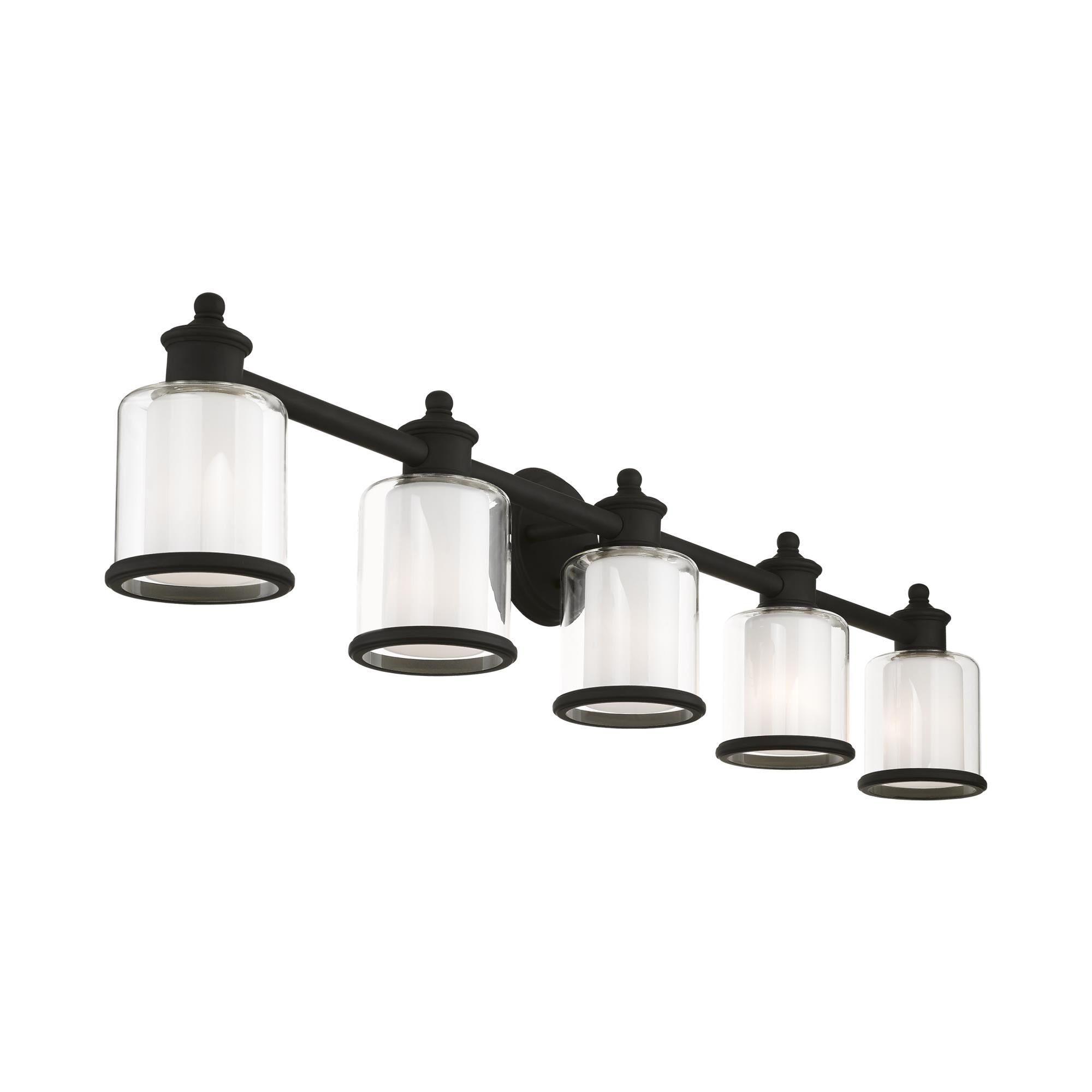 Shown in Black finish and Hand Blown Clear Outer  & Satin Opal White Inner glass and Hand Blown Clear Outer Glass & Satin Opal White Inner Glass shade