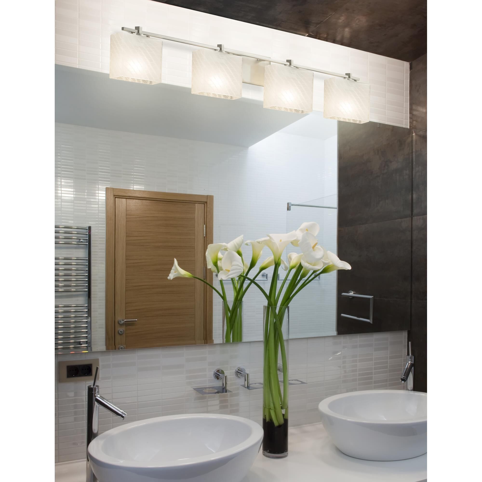 Shown in Brushed Nickel finish and Artisan glass and Weave shade and Rectangle accent