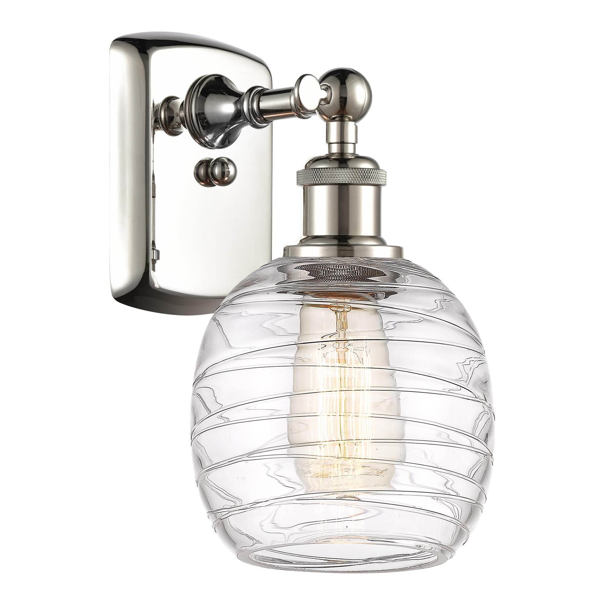 Shown in Polished Nickel finish and Deco Swirl Belfast glass