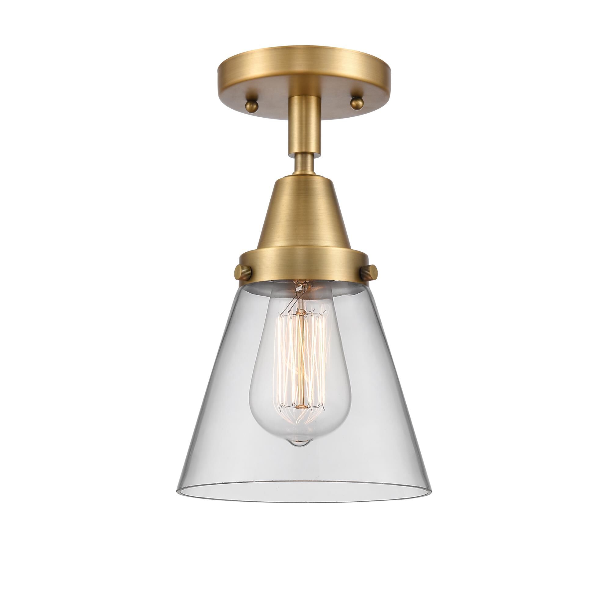 Shown in Brushed Brass finish and Clear Small Cone glass