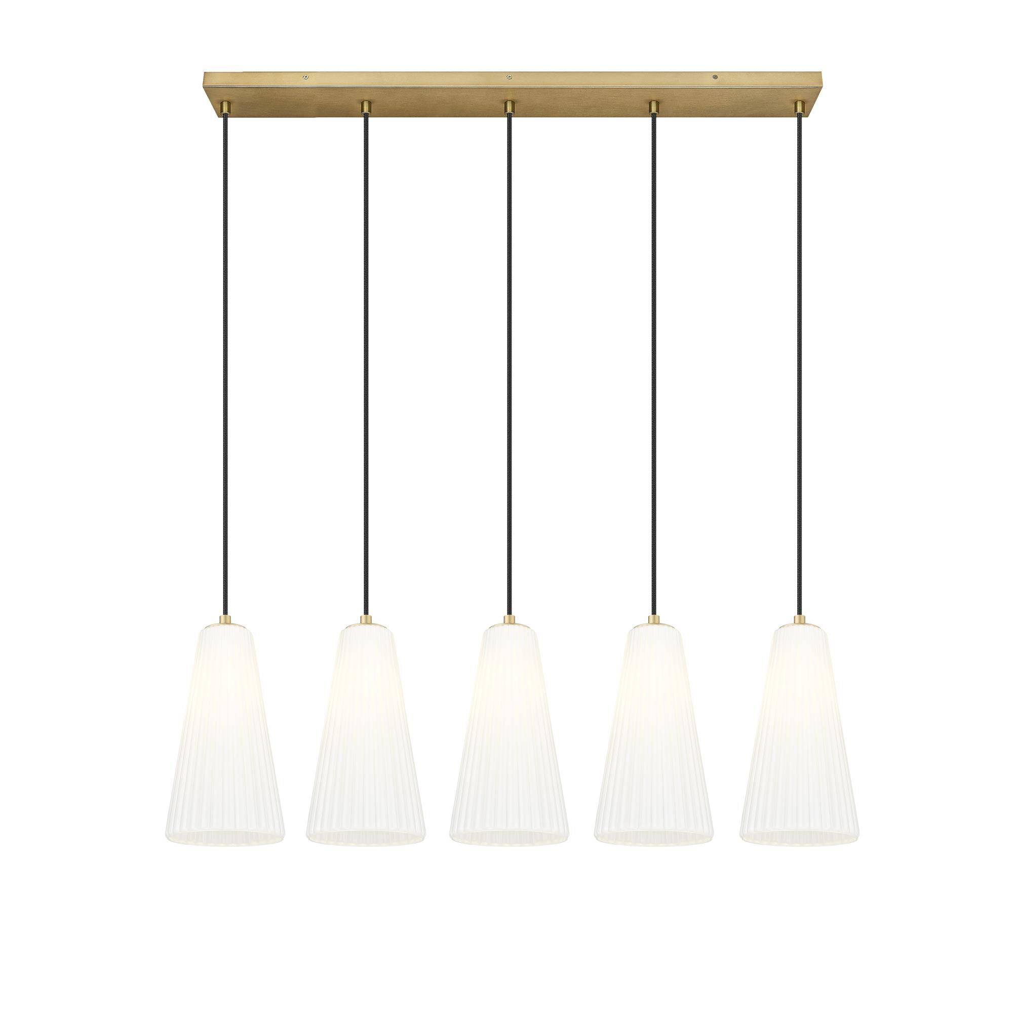 Shown in Modern Gold finish and White glass and White shade