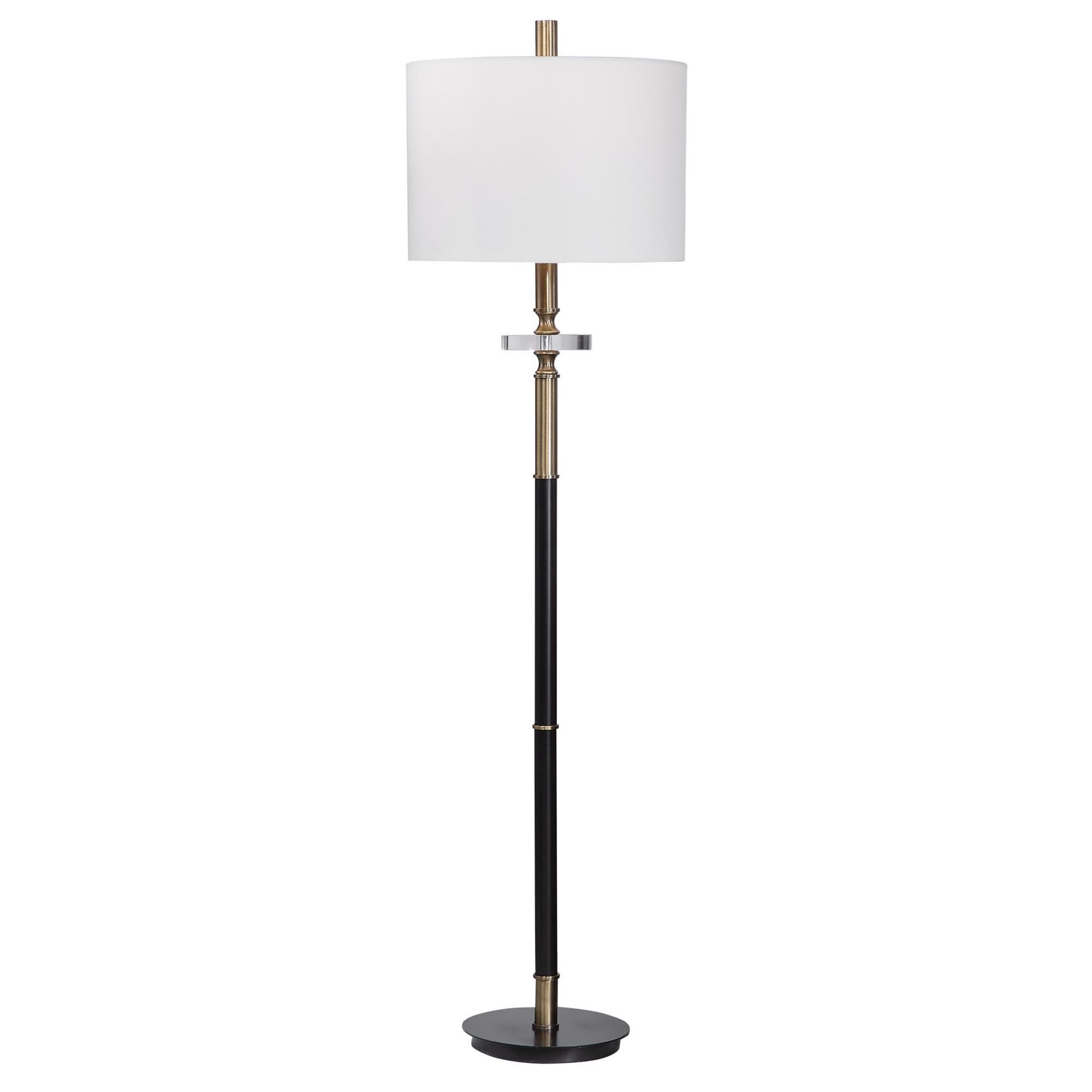 Shown in Traditional Elegance Is Showcased In This Floor Lamp, Finished In An Aged Black With Antique Brass P finish and Round Drum Hardback shade