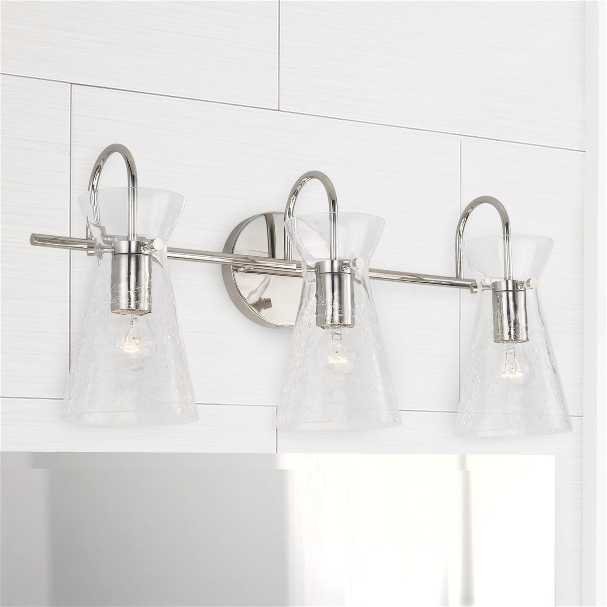 Shown in Polished Nickel finish and Clear Half-Crackle glass