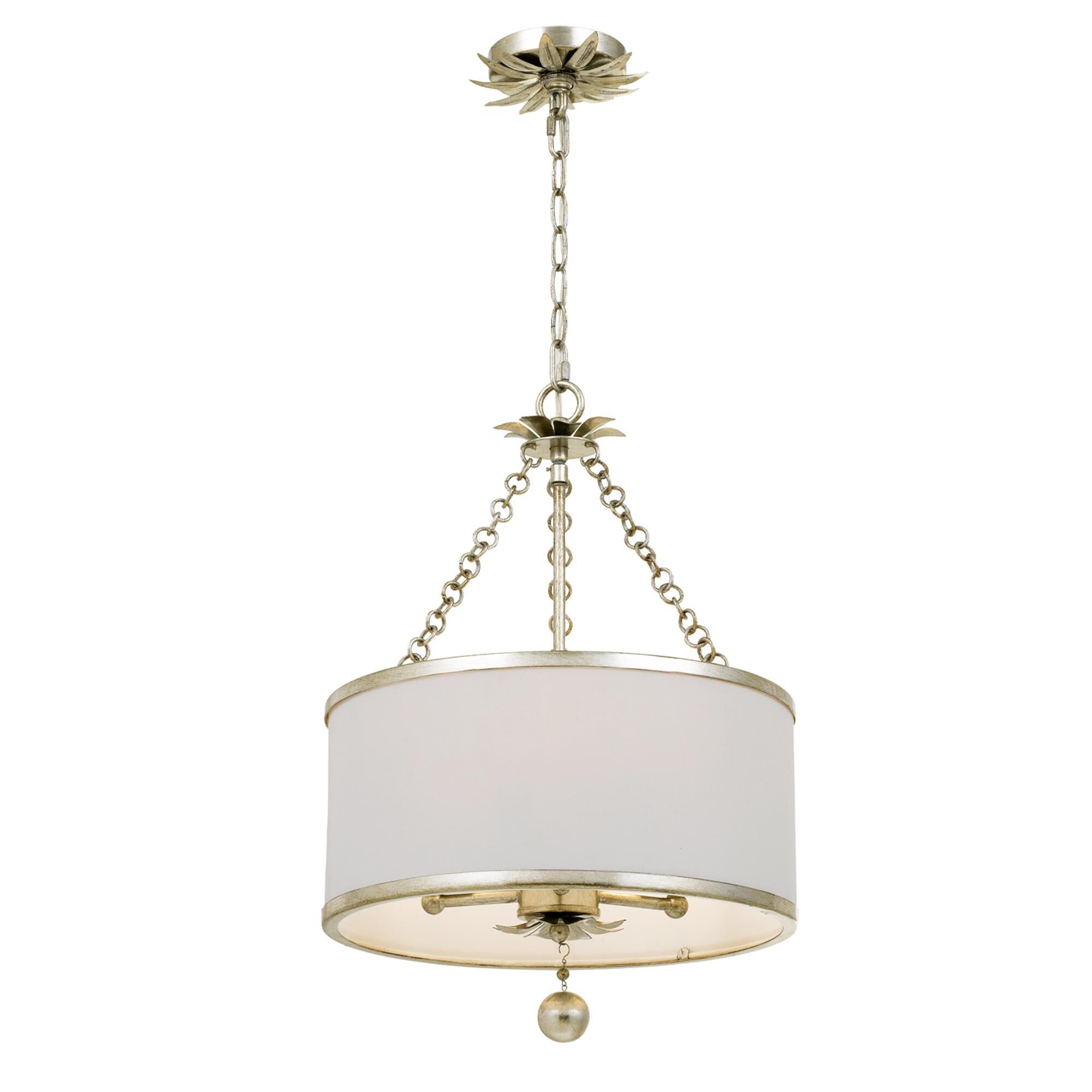 Shown in Antique Silver finish and Silk glass and White shade