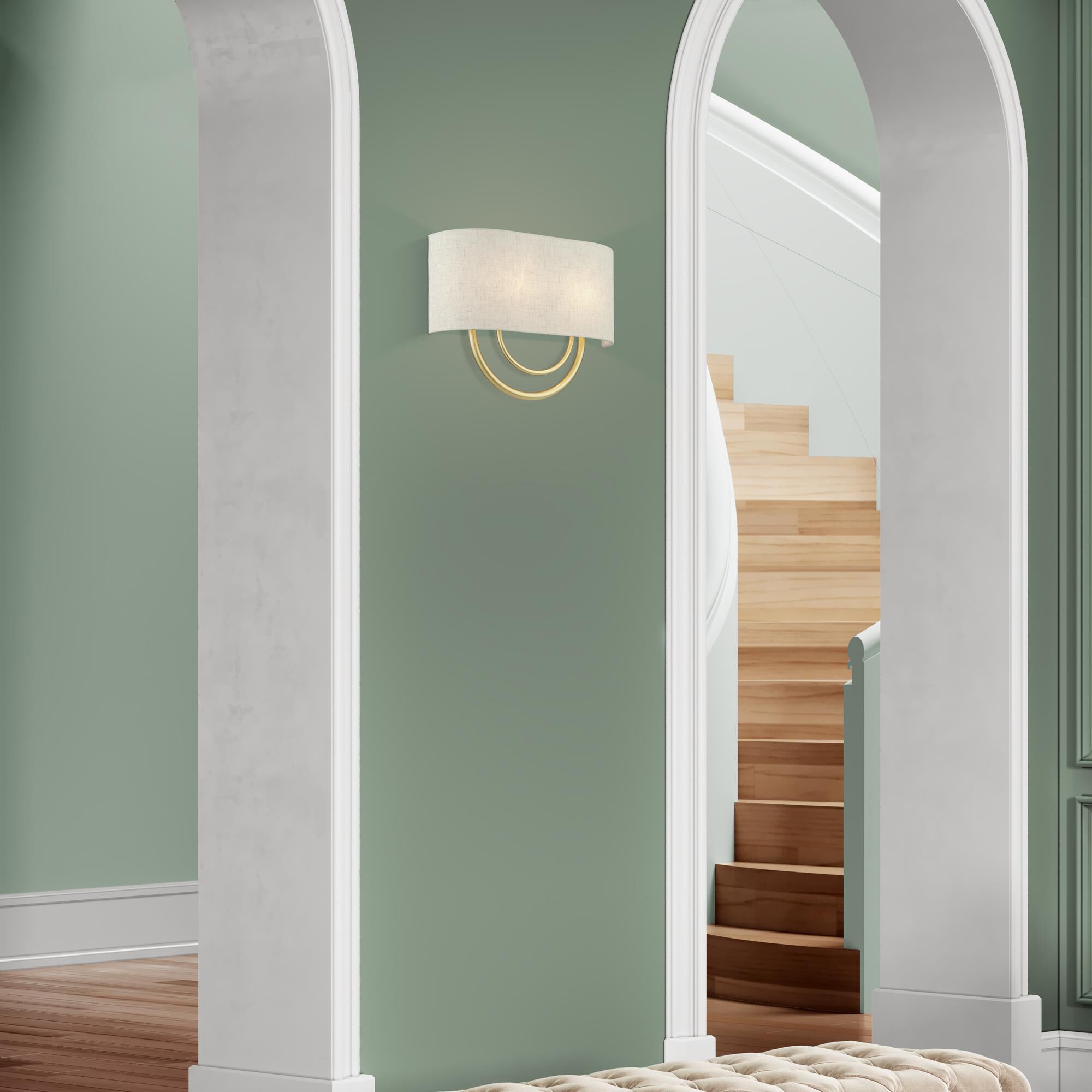 Shown in Soft Gold finish and Hand Crafted Oatmeal Color Fabric Hardback with White Fabric Inside shade