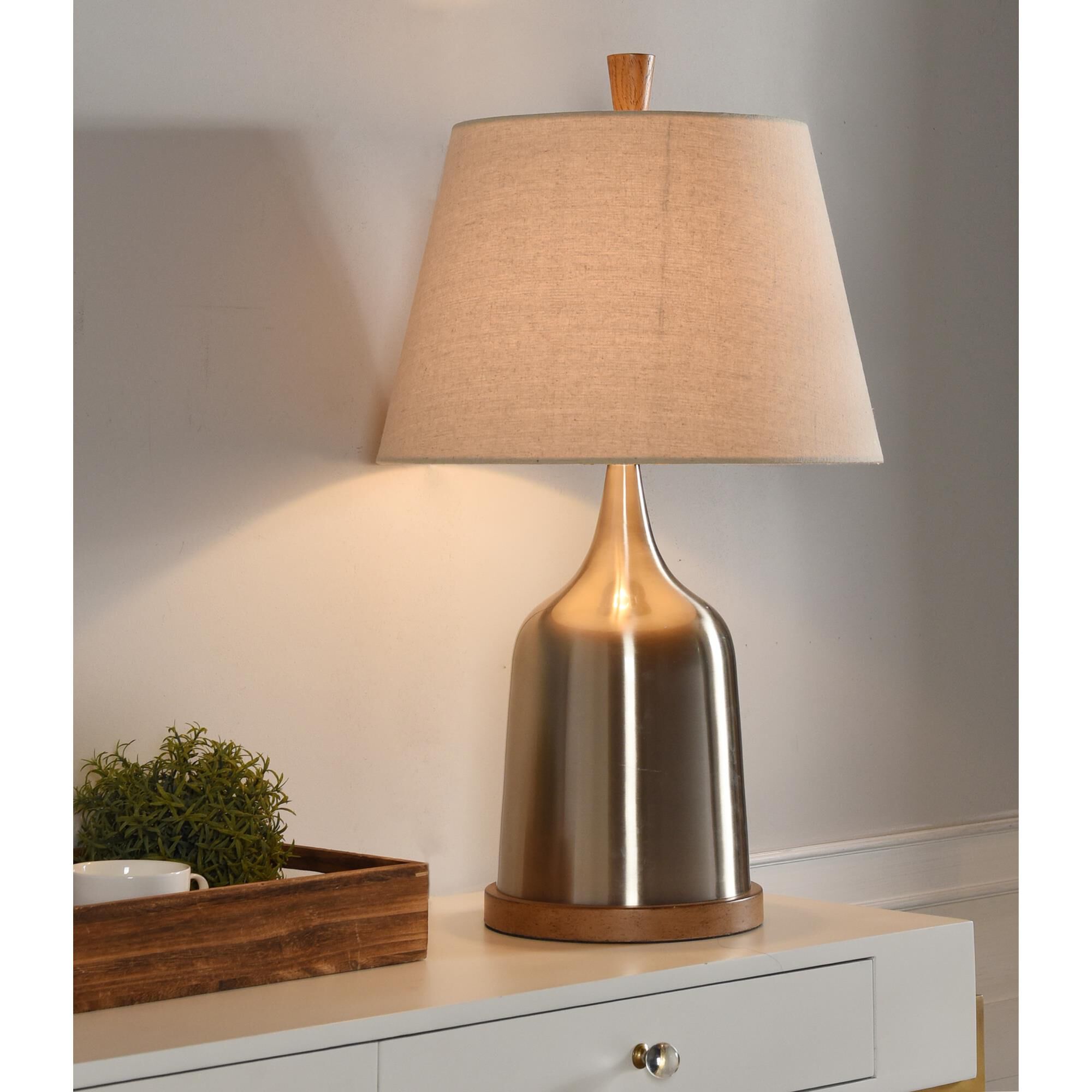 Shown in Steel Light Brown finish and Light Beige Sand Hardback Fabric shade