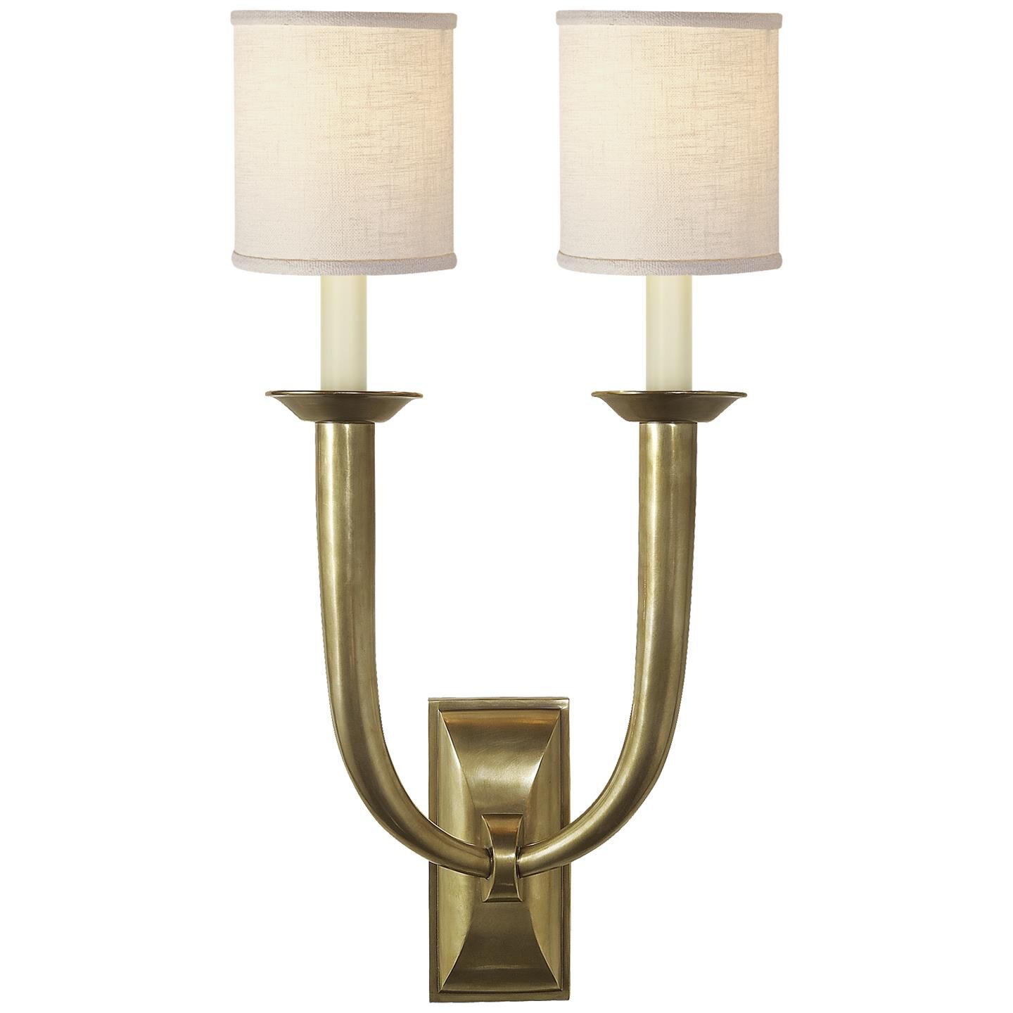 Shown in Hand-Rubbed Antique Brass finish and Linen shade