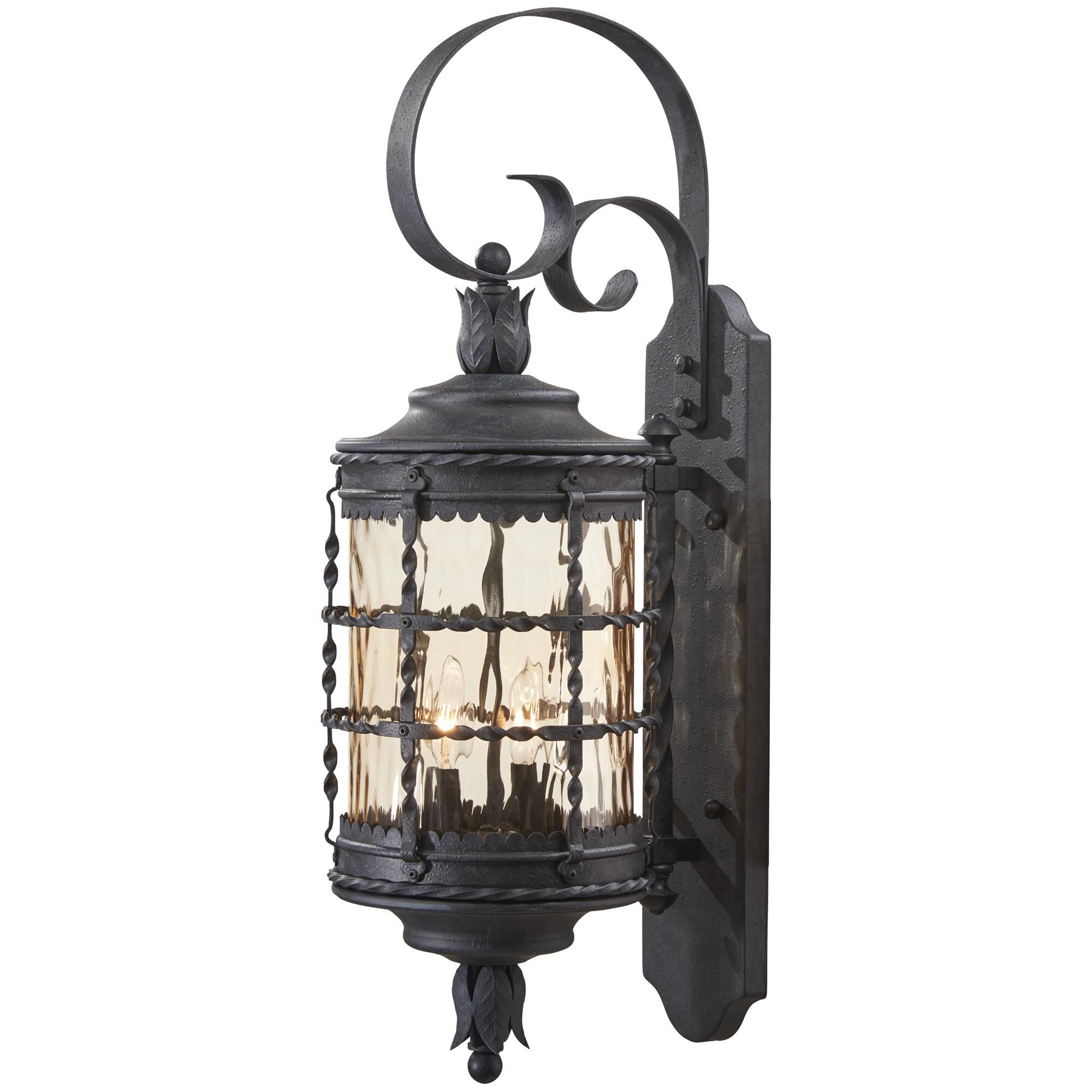 Shown in Spanish Iron finish and Champagne glass and Hammered Glass shade