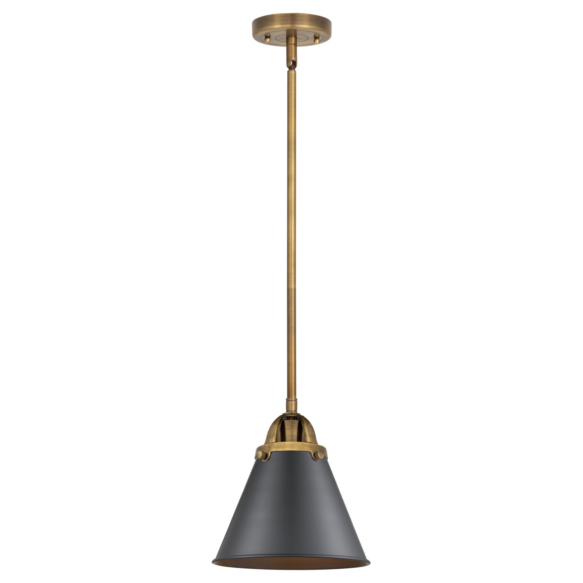 Shown in Brushed Brass finish and No Glass glass and Matte Black Appalachian shade