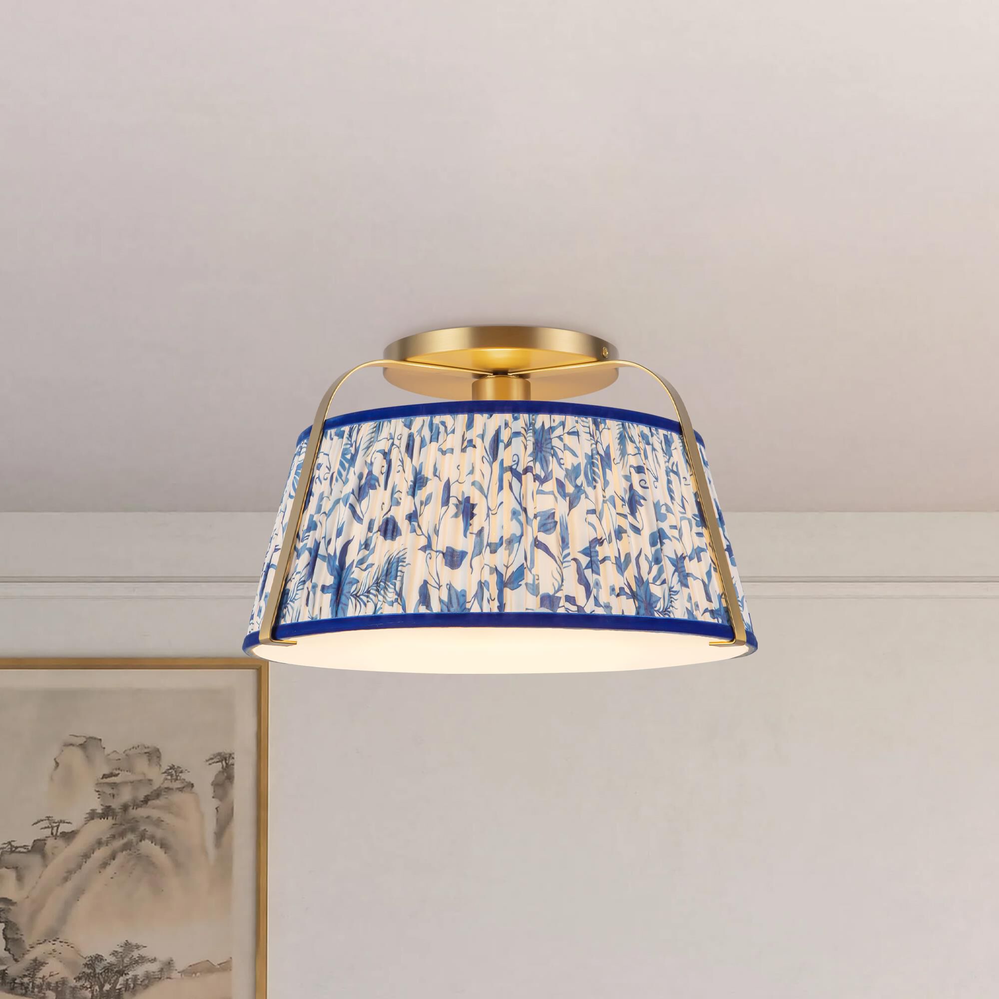 Shown in Brushed Gold finish and Frosted Polycarbonate Diffuser glass and Blue Linen shade