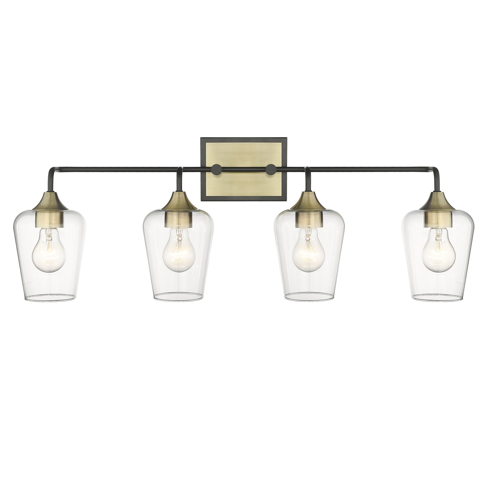 Shown in Antique Brass And Black finish and Clear Glass shade