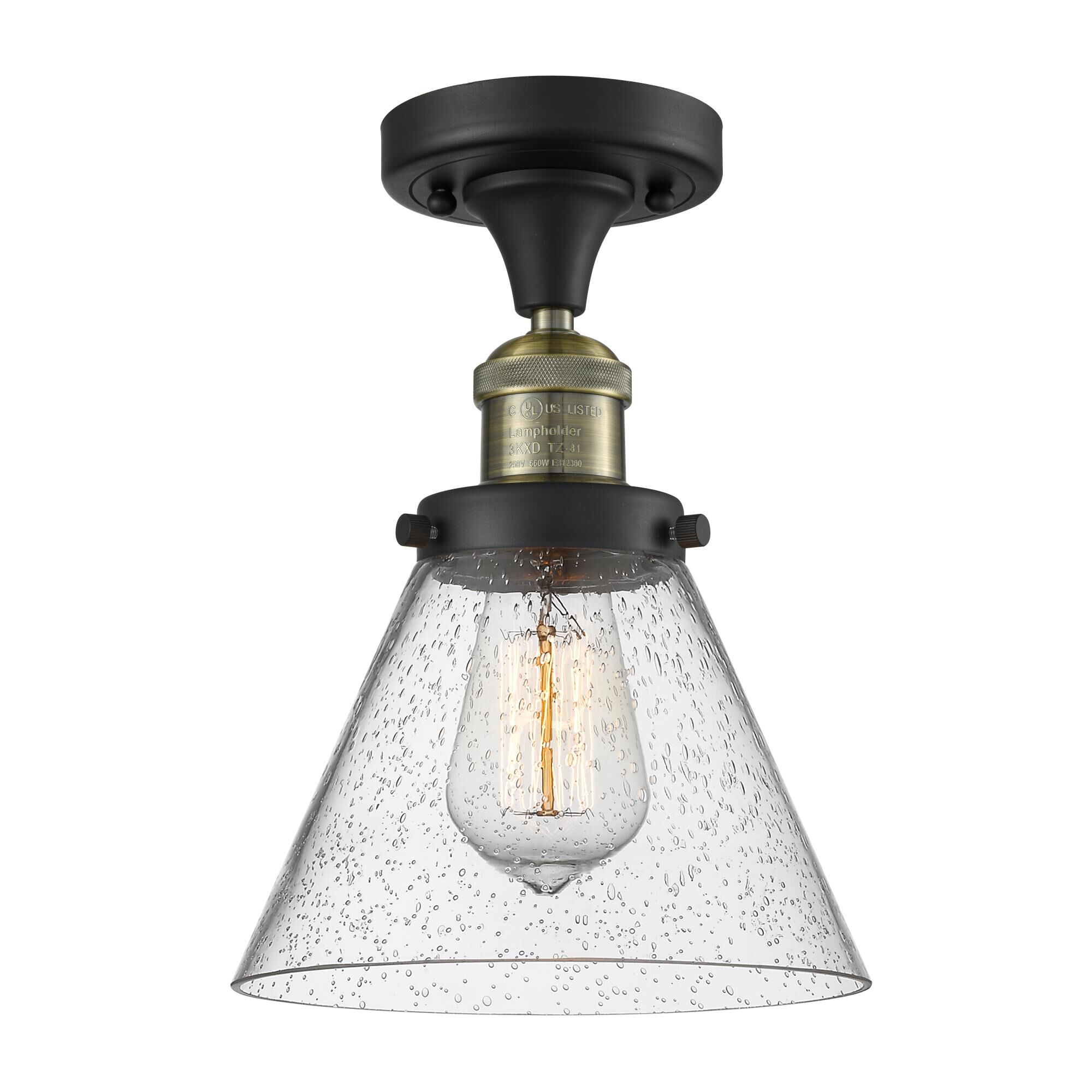 Shown in Black Antique Brass finish and Seedy glass