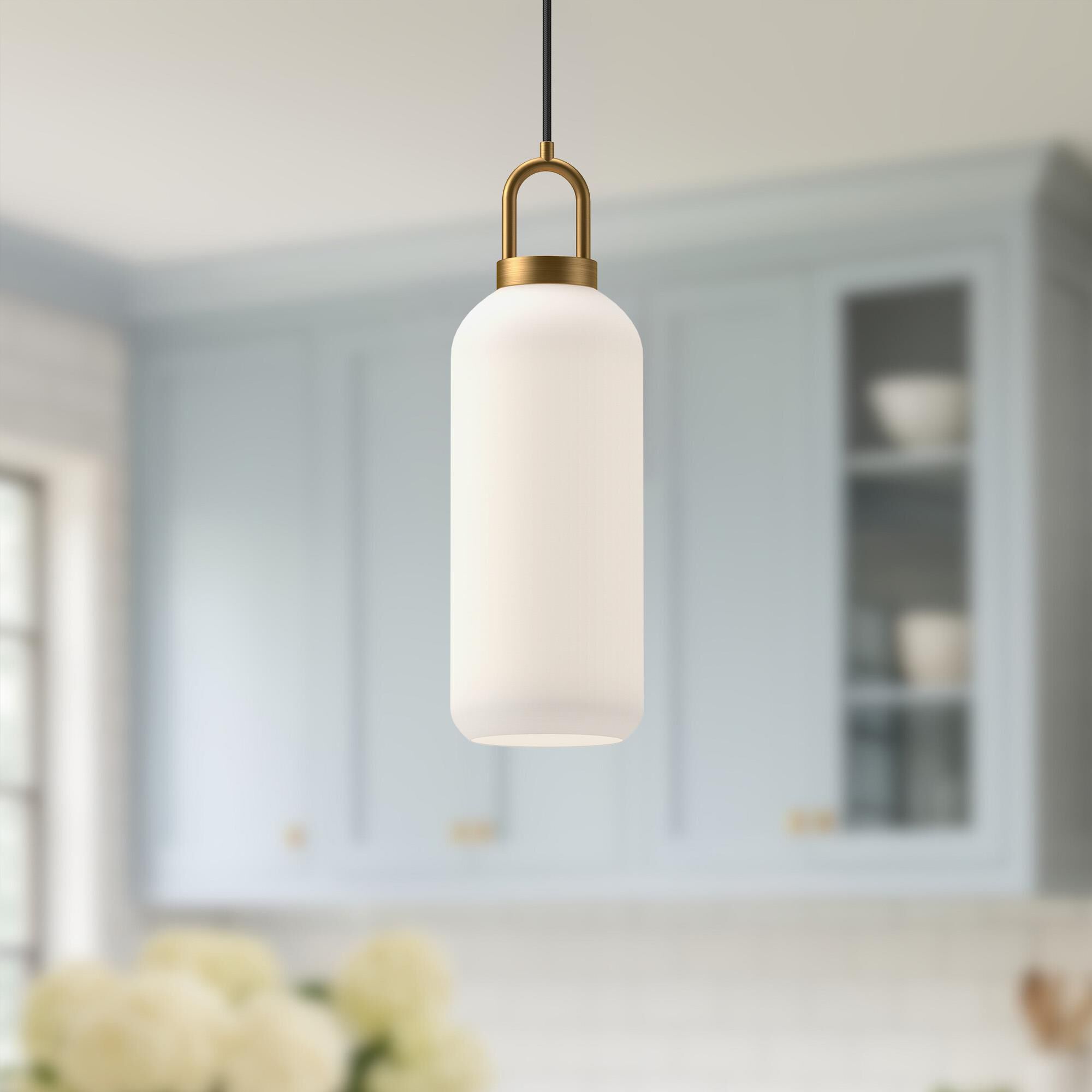 Shown in Aged Gold finish and Opal glass and Black Braided Cord accent