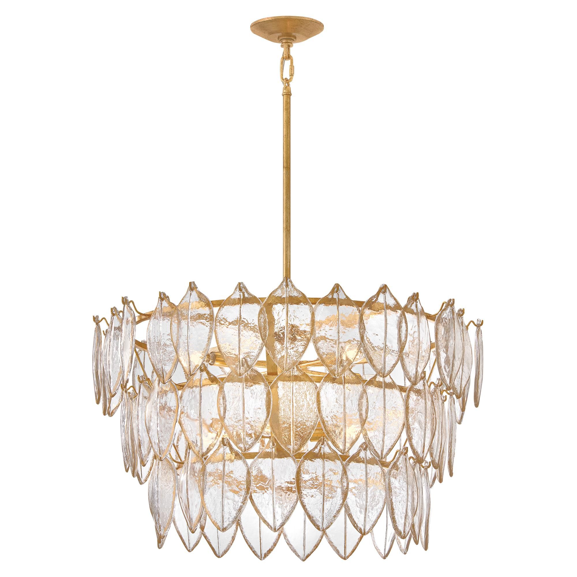 Shown in Distressed Brass finish and Clear Pressed glass