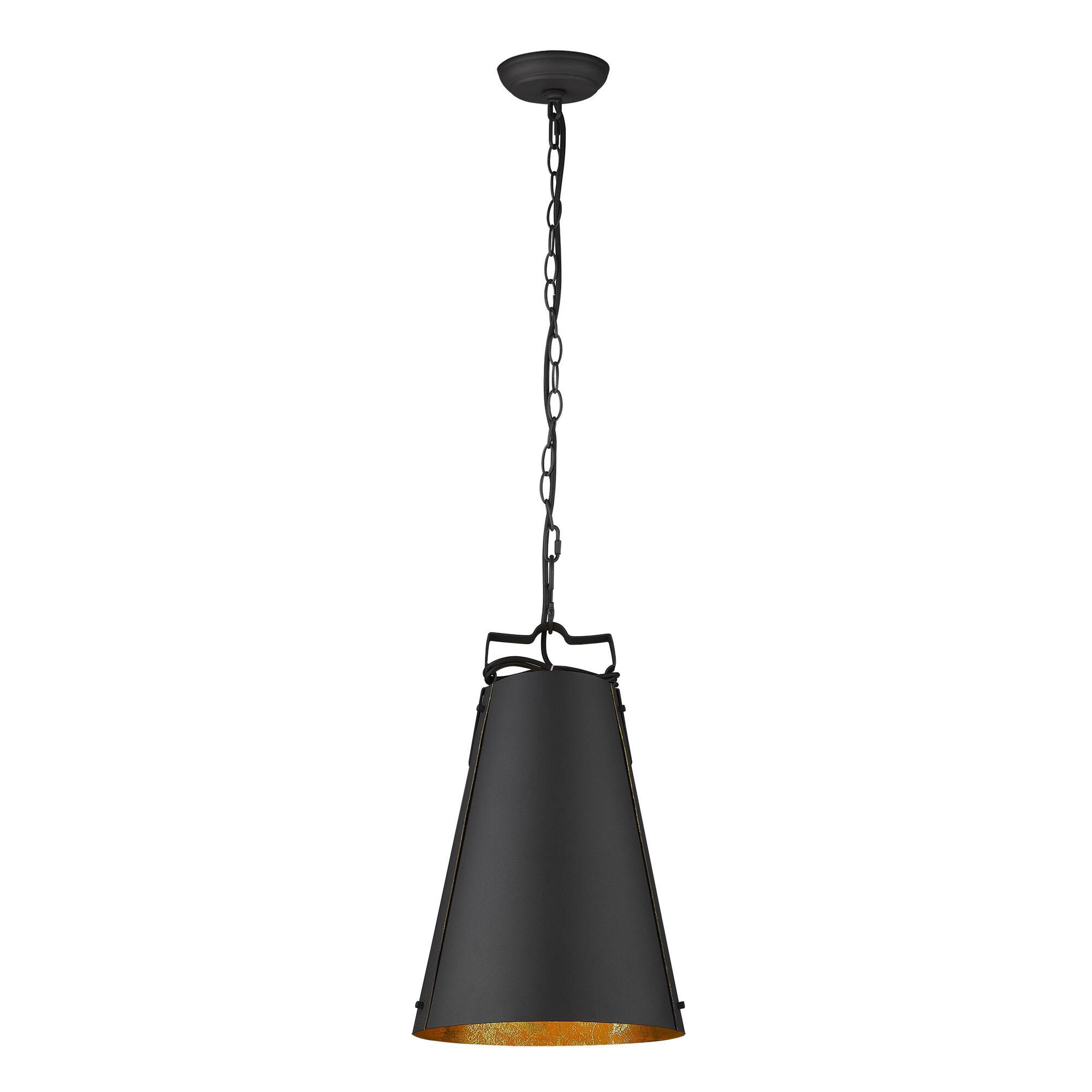 Shown in Matte Black finish and Black glass and Black Metal Cone Shaped  W/ Gold Interior shade