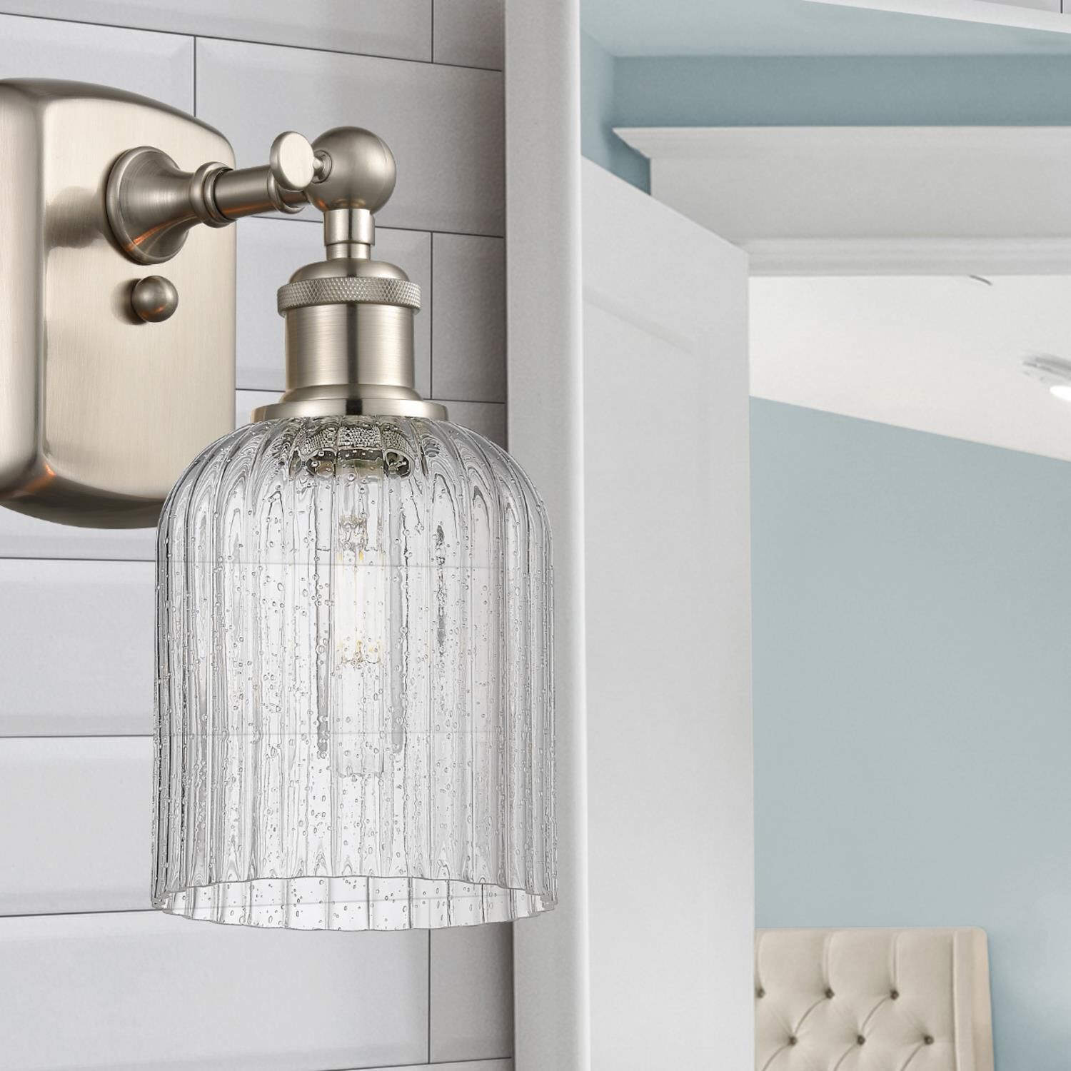 Shown in Satin Nickel finish and Seedy glass