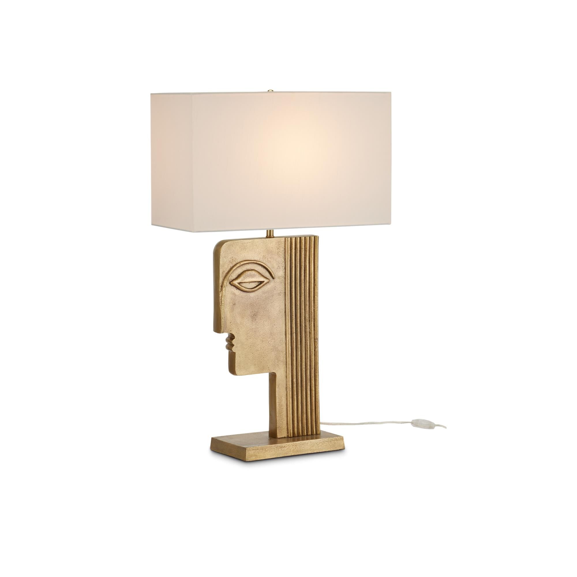 Shown in Antique Brass finish and Off-White Shantung shade