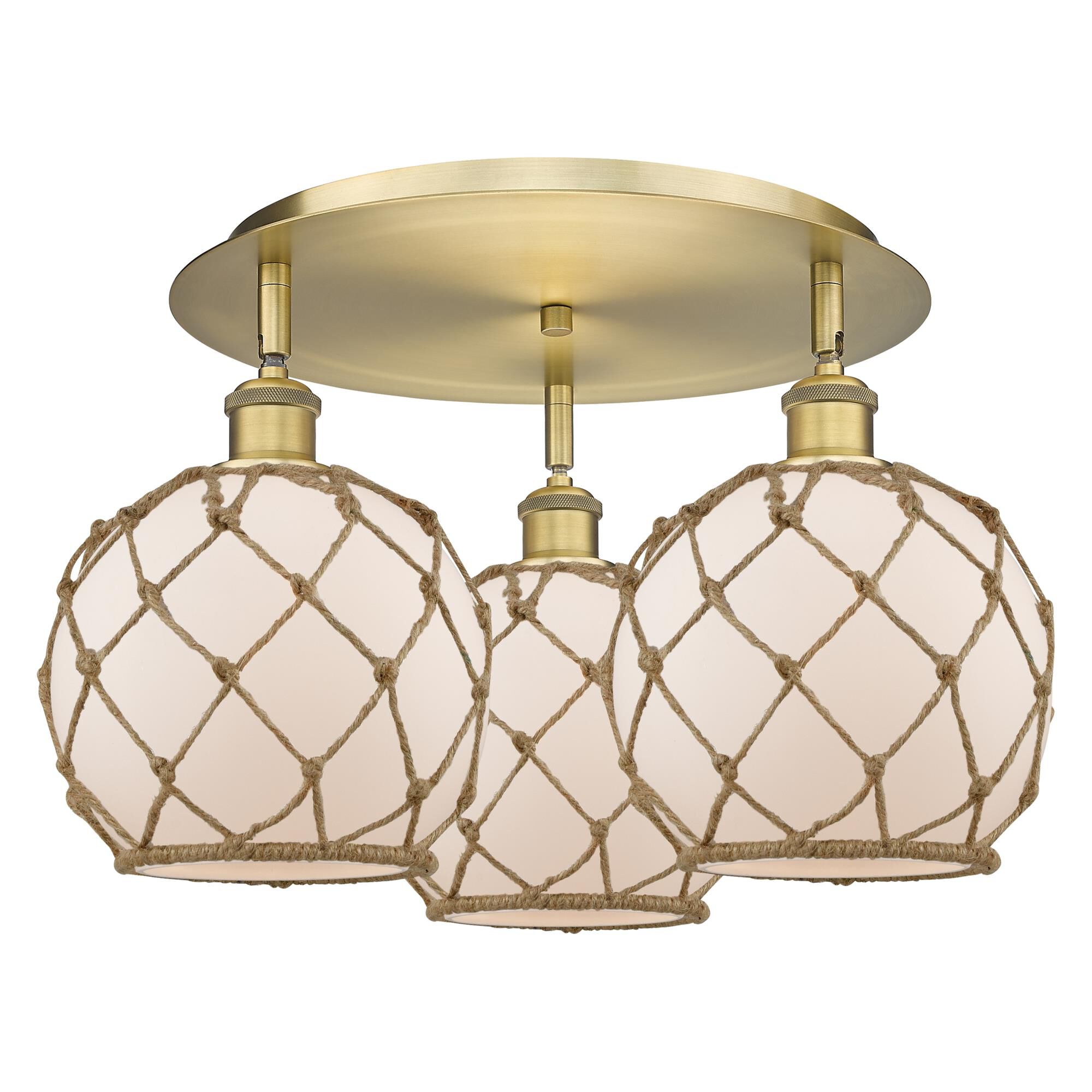 Shown in Brushed Brass finish and White with Brown Rope glass