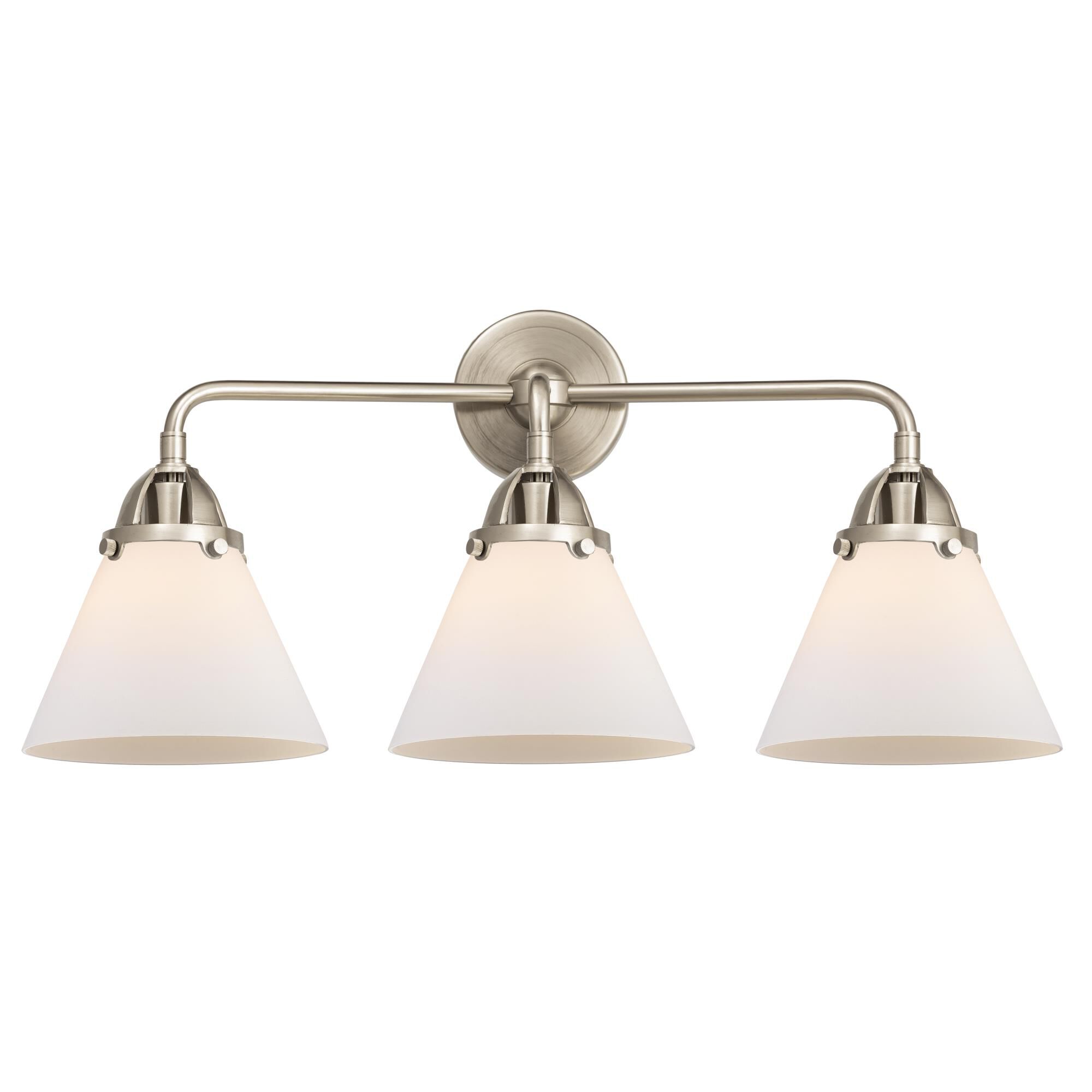 Shown in Brushed Satin Nickel finish and Matte White Cased Large Cone glass and No Shade shade