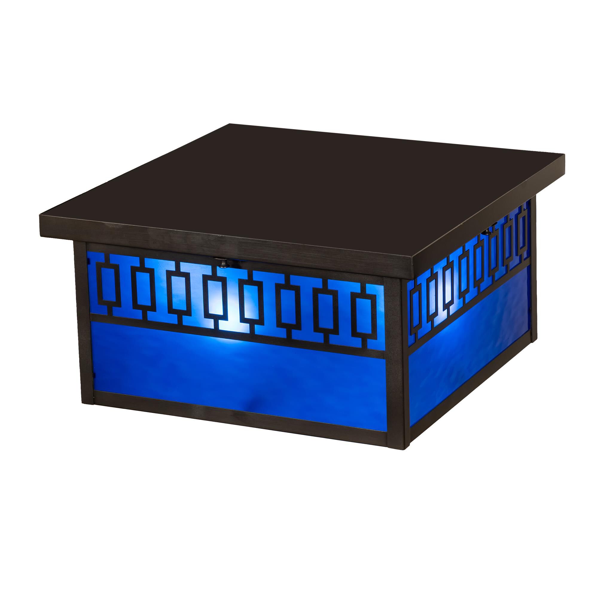 Shown in Craftsman Brown Finish finish and Blue;White glass