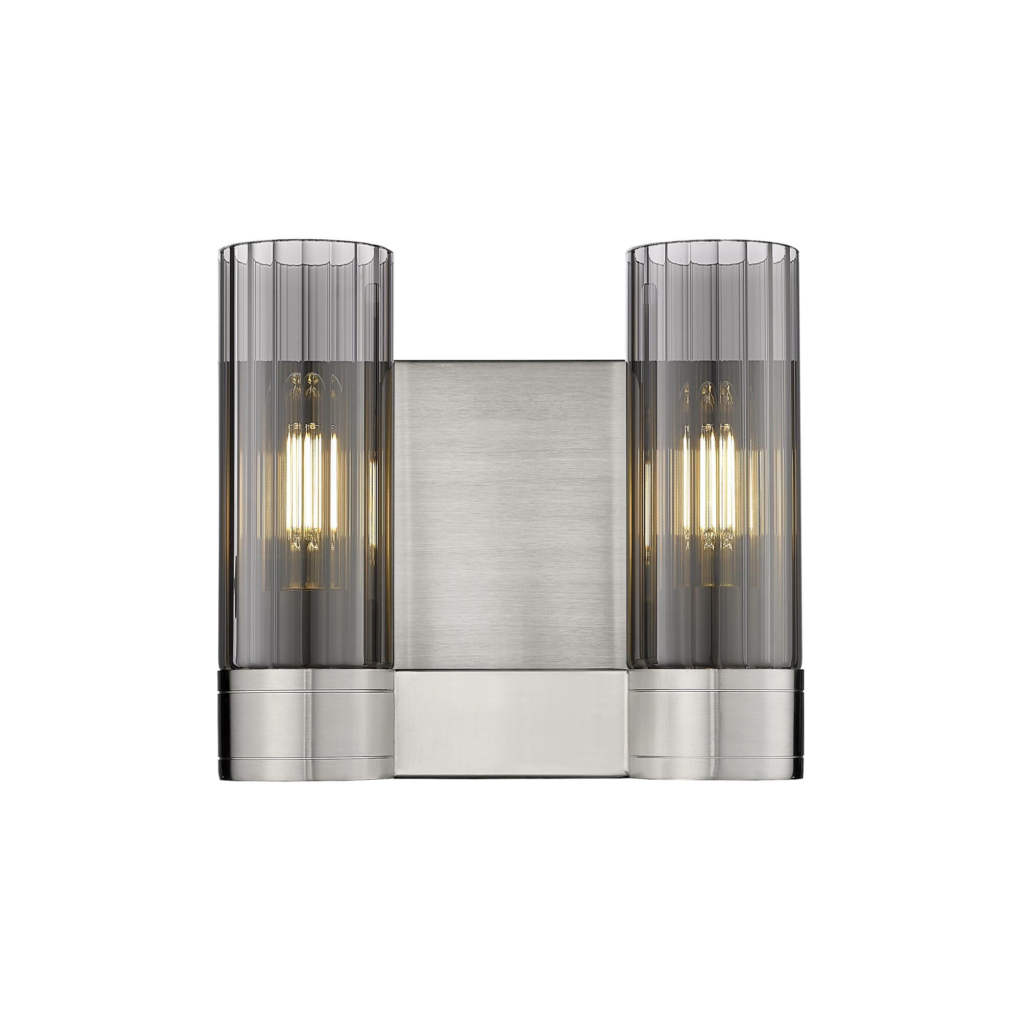 Shown in Satin Nickel finish and Plated Smoke glass and Plated Smoke Glass shade