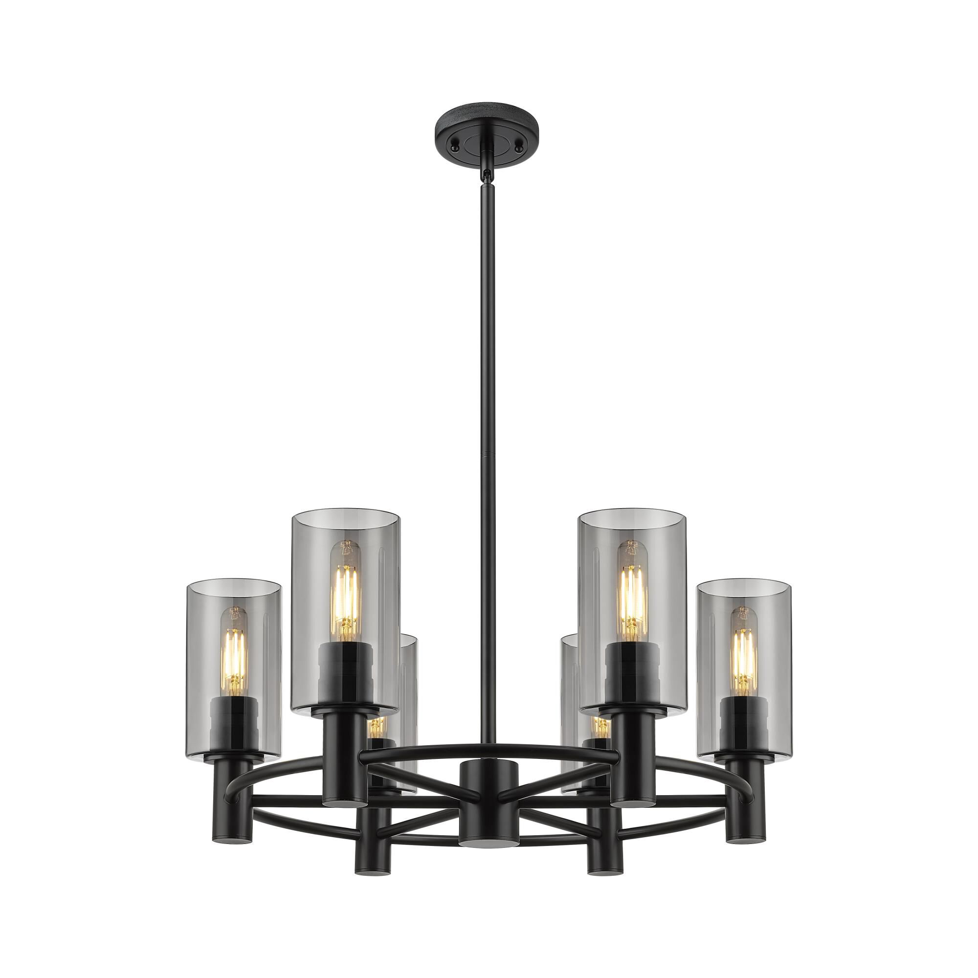 Shown in Matte Black finish and Plated Smoke glass and Plated Smoke Glass shade