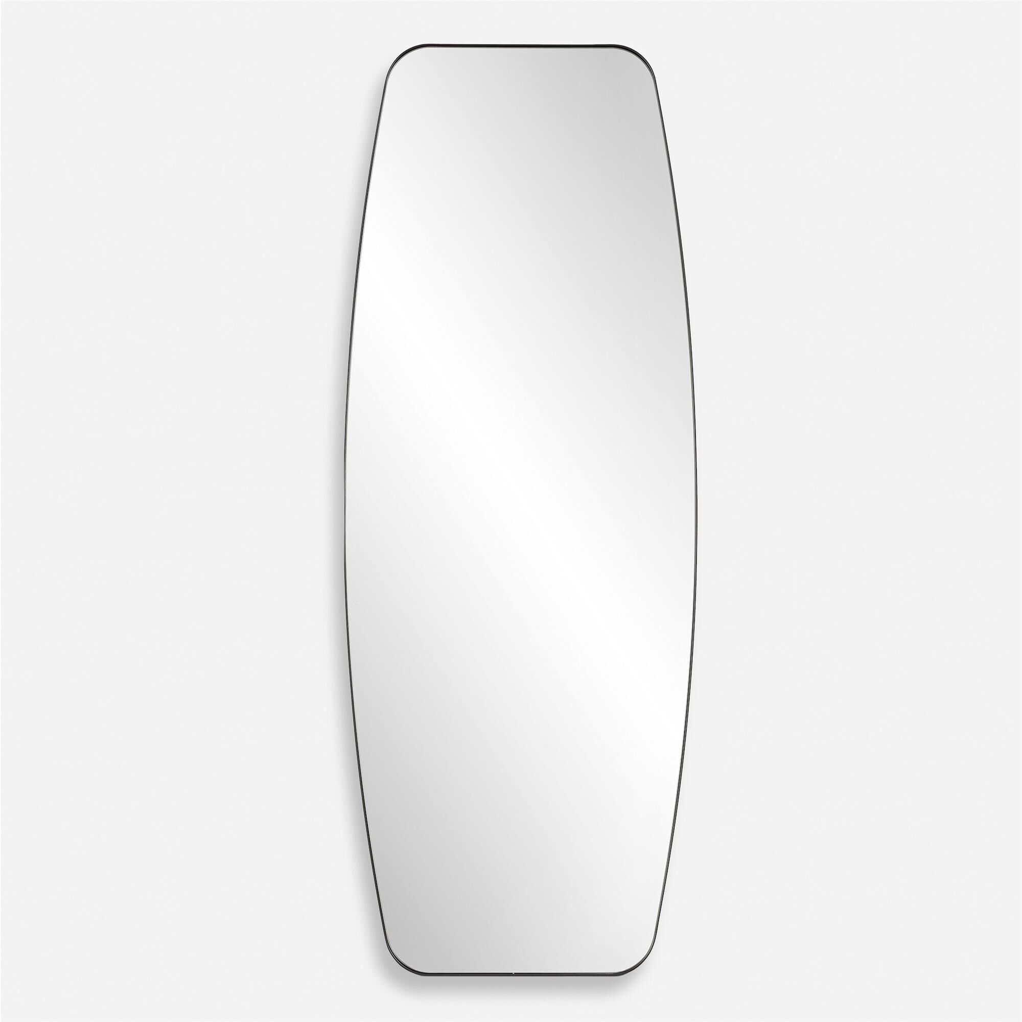 Shown in The Caspian Dressing Mirror Features A Gracefully Curved Strap Style Frame Finished In A Sleek Satin finish