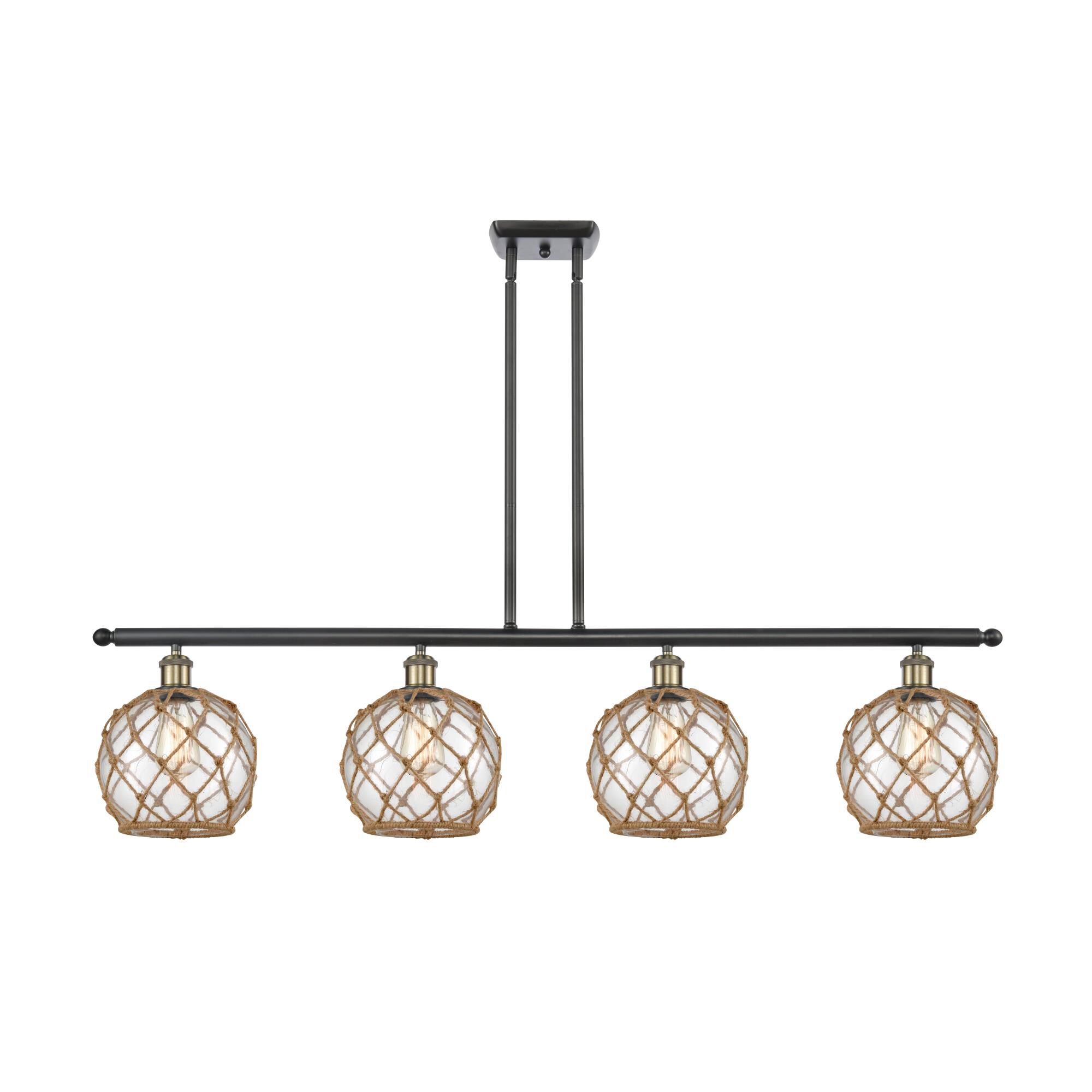 Shown in Black Antique Brass finish and Sphere glass and Glass And Rope shade