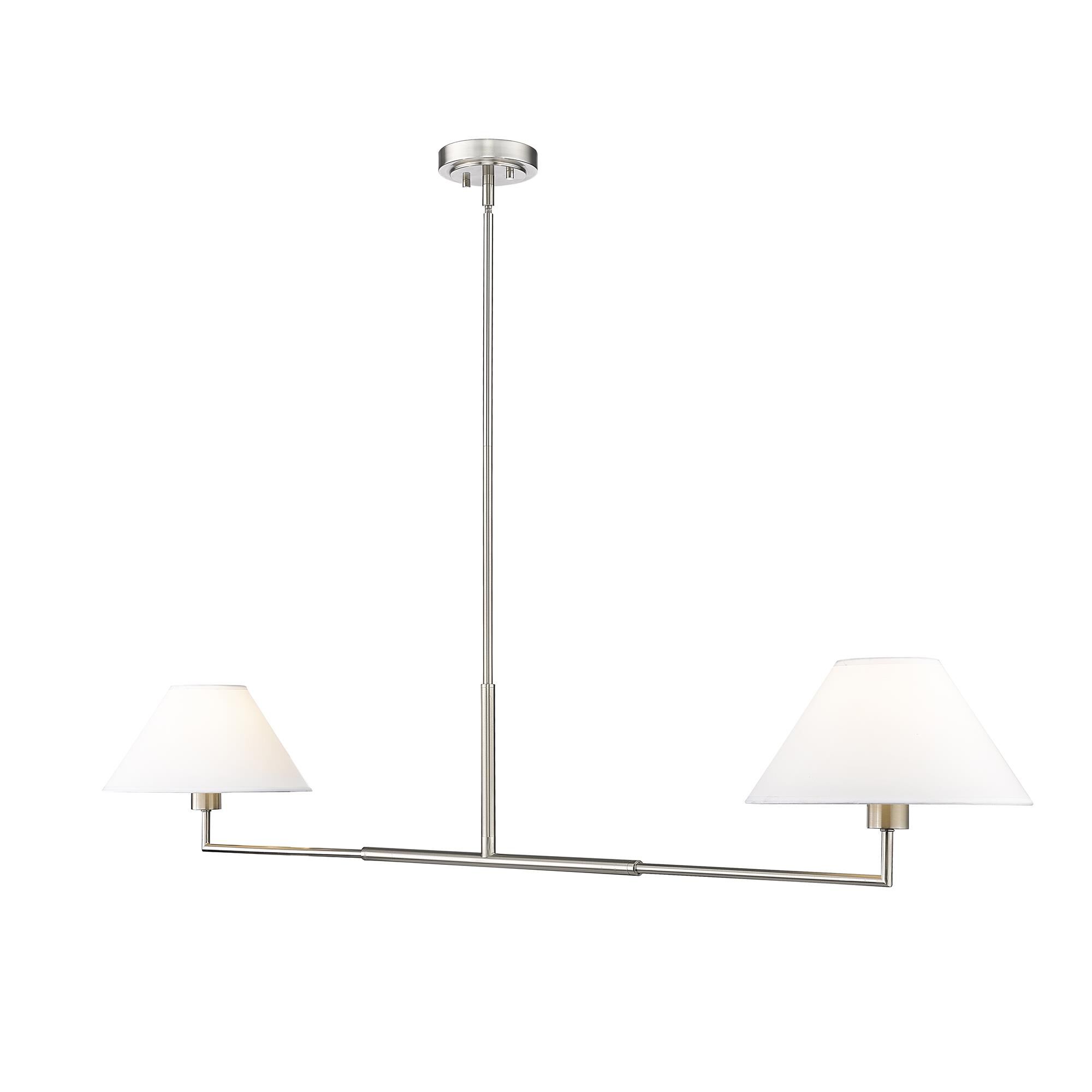 Shown in Brushed Nickel finish and White Linen glass and White Linen shade